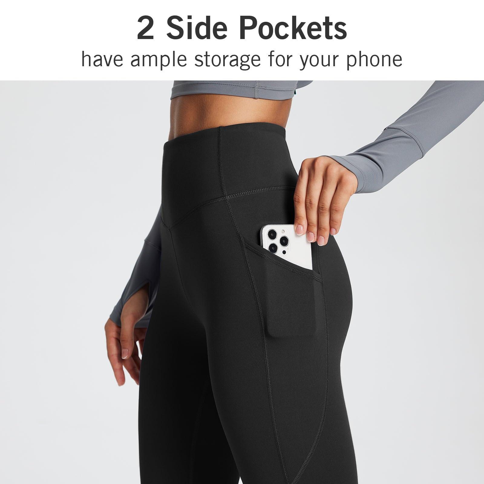 BALEAF BALEAF Women's Fleece Lined Leggings with Pockets 25" Petite Thermal Winter Warm High Waisted Thick 7/8 Yoga Pants Black S