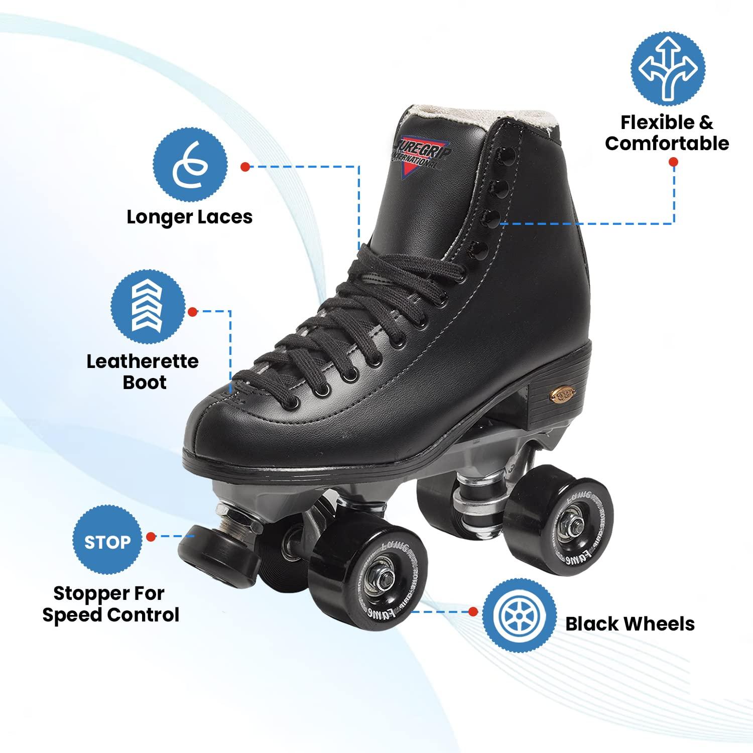 Sure-Grip Sure Grip Fame Men & Women Premium Roller Skates Black Leatherette | Stylish Skates for Indoors - Double Structure, Stronger Grip, Extra Long Laces - Suitable for Beginners