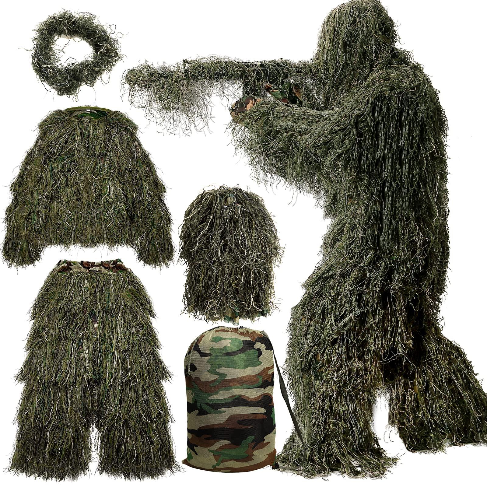 MOPHOTO MOPHOTO 5 in 1 Ghillie Suit, 3D Camouflage Hunting Apparel Including Jacket, Pants, Hood, Carry Bag Suitable for Unisex Adults (S/M/L/XL/XXL)