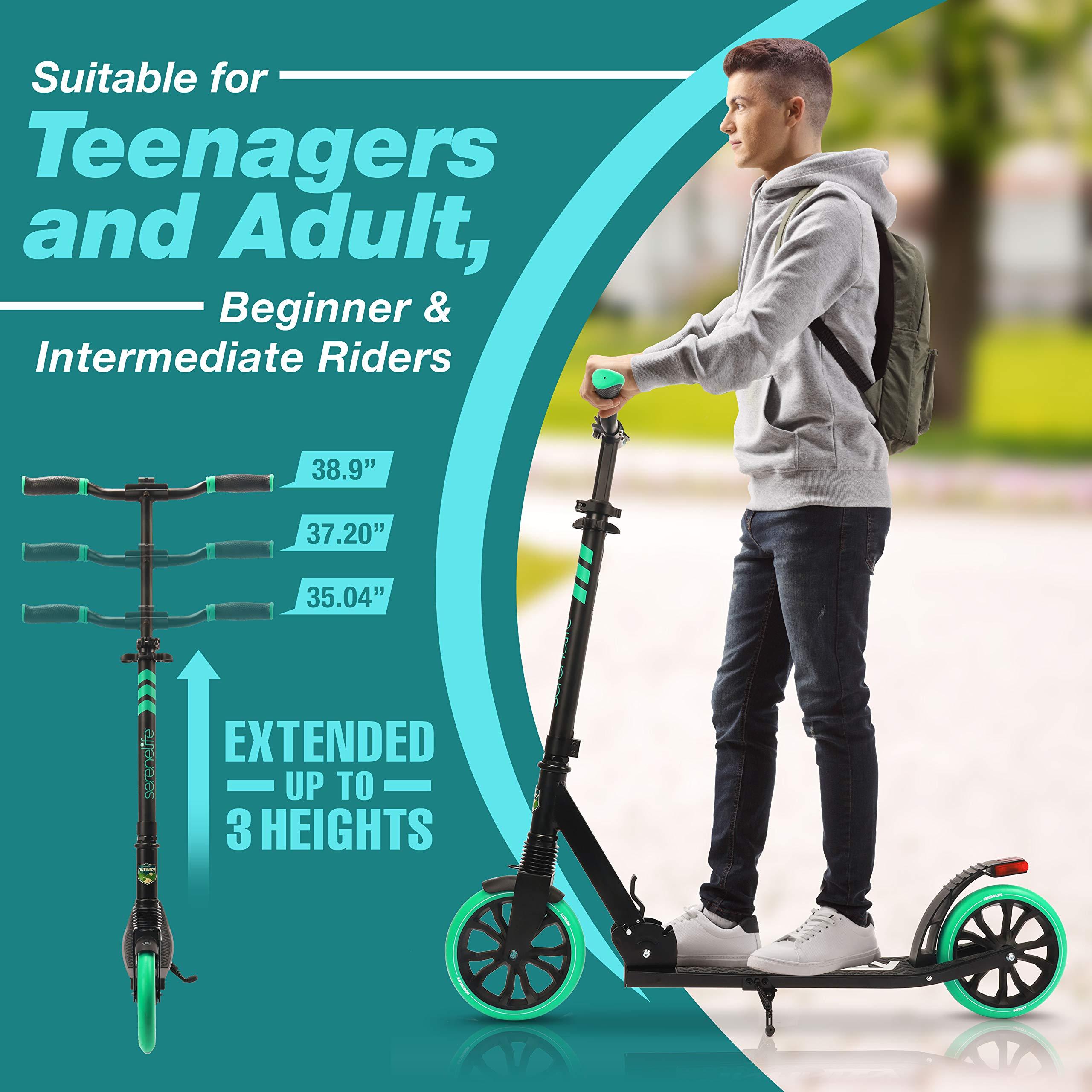 SereneLife SereneLife Lightweight and Foldable Kick Scooter Comfortable T-Bar Handlebar, Adjustable Scooter for Teens and Adult, Alloy Deck with High Impact Wheels, Durable ABEC-7 Bearings Aqua on Black SLTS02