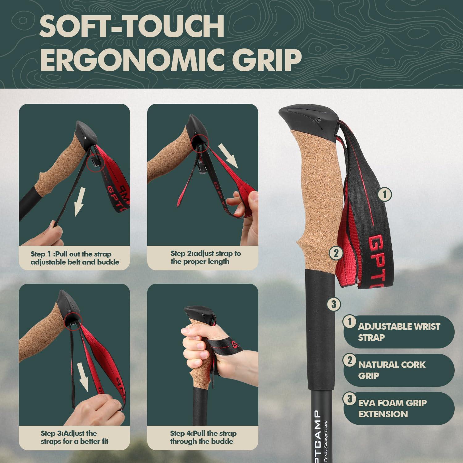 GPTCAMP GPTCAMP Walking Sticks,Trekking Poles Collapsible Hiking Poles,Lightweight Folding Travel Walking Pole for Men Women,2pc Adjustable Hiking Stick with EVA Foam Grips for Backpacking,Red