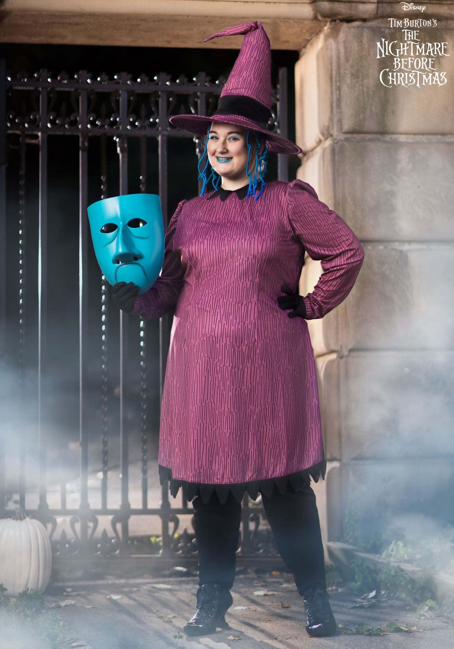 Fun Costumes Plus Size Shock Costume | Adult Disney Nightmare Before Christmas Womens Dress, Leggings, Hat with Attached Hair & Mask 2X Purple
