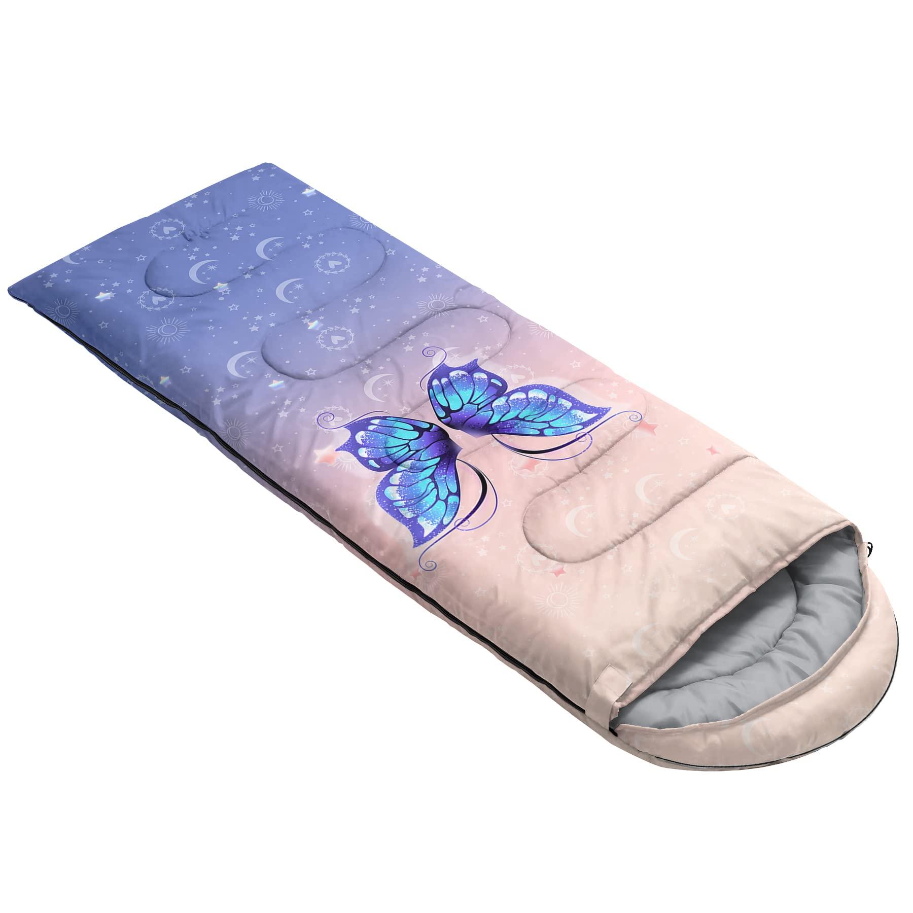 BSNTHO BSNTHO Blue Butterfly Printed Camping Sleeping Bags,3 Season Warm & Cool Weather,Lightweight, Sleeping Bags for Adults & Kids,Traveling,and Outdoors,Camping Gear Equipment,31x90inch,Standard