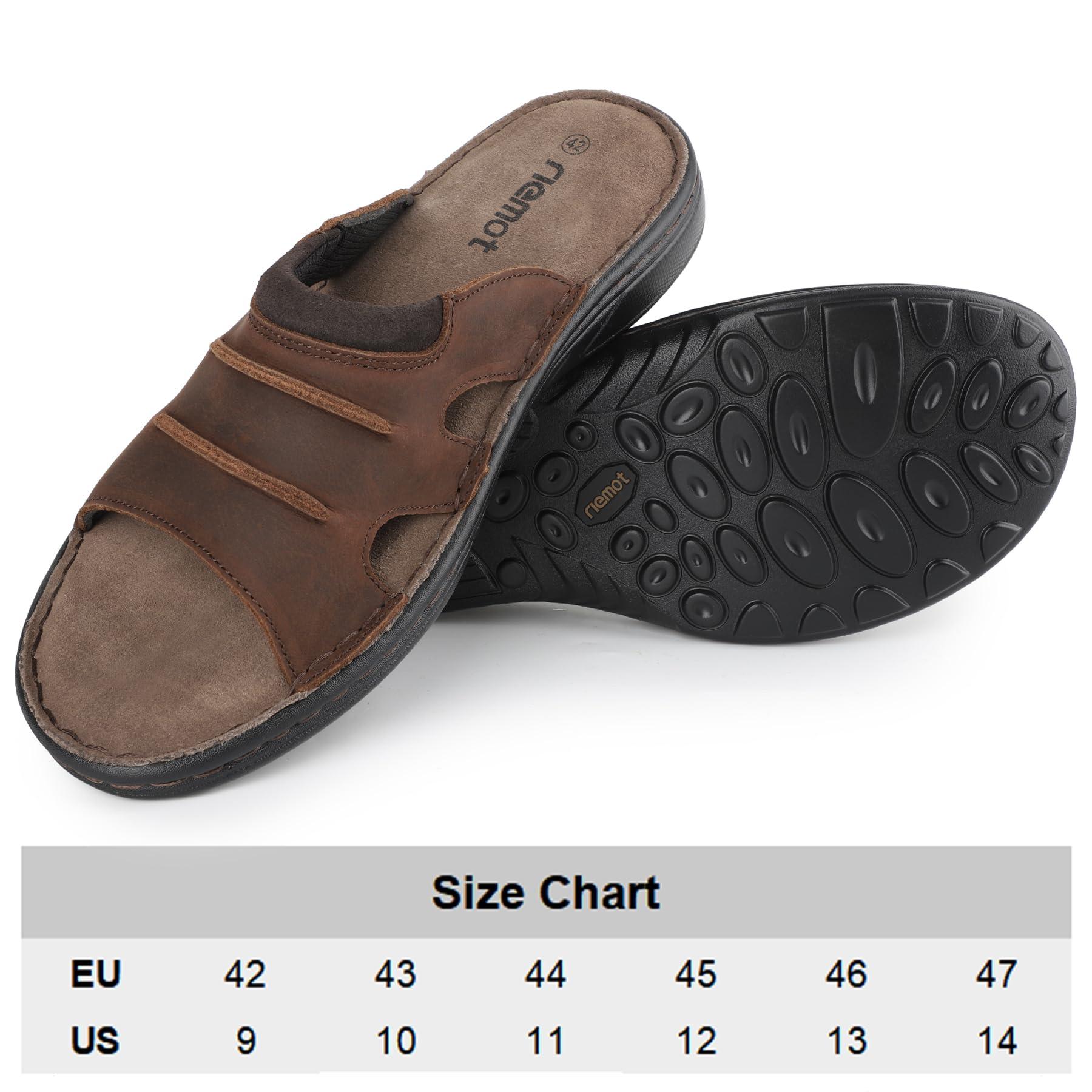 riemot riemot Men's Leather Sandals Outdoor Walking Cushioning Arch Support Sandals Casual Lightweight Non-slip Comfortable Summer Slides Shoes Brown US 9/ EU 42