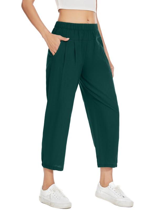 WROLEM Women\'s Capri Yoga Pants Loose Soft Workout Causal Lounge Pants Pockets Dark-Green Small