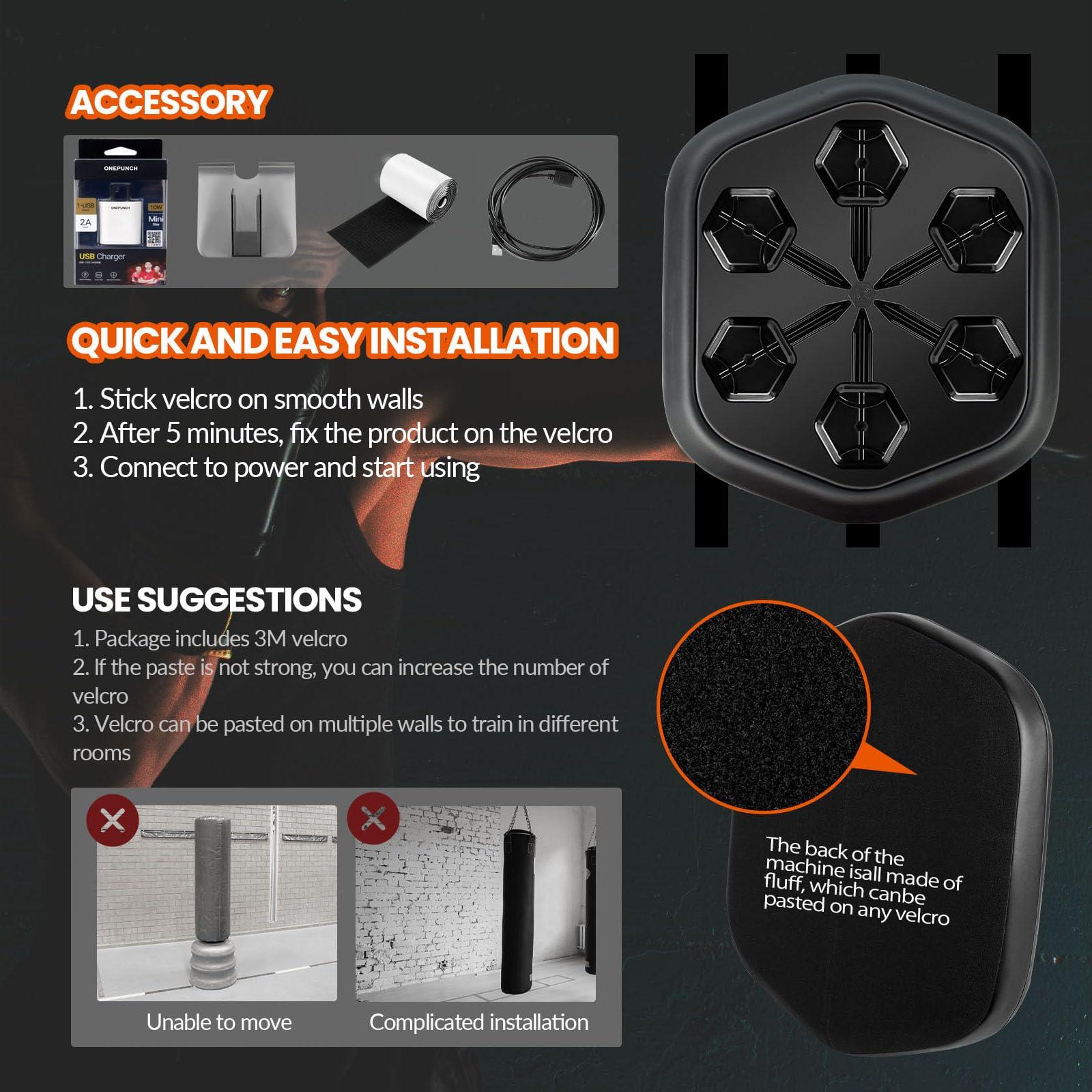 ONEPUNCH ONEPUNCH Music Boxing Machine for Adults, Electronic Boxing Equipment Pads with Bigger Panel & Boxing Gloves, Boxing Music Workout Machine for Release Stress, Velcro Installation, Height Adjustable