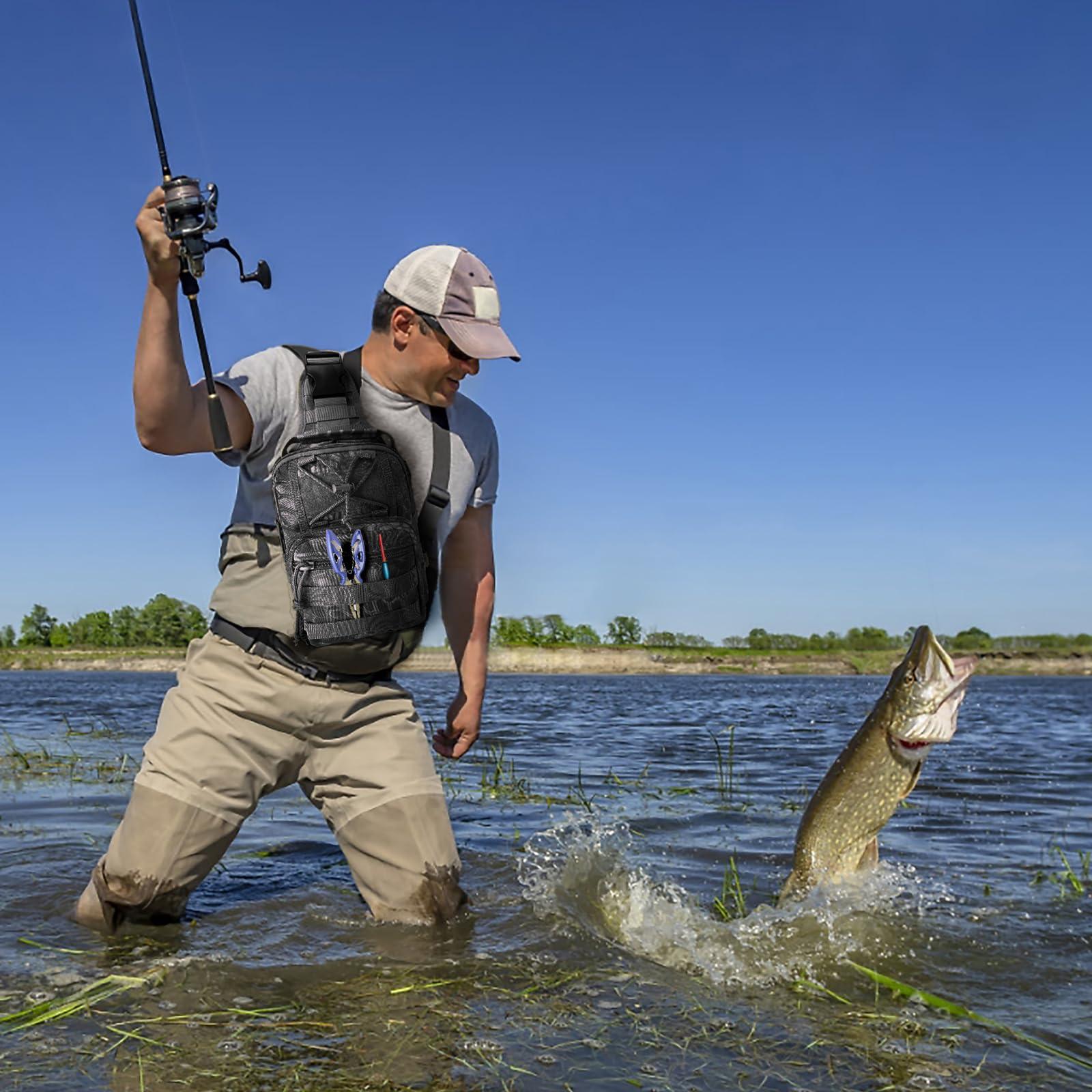 Bnqoe Fishing Backpack Fishing Tackle Storage Bag Fishing Gear with Rod Holder Small Sling Backpack for Outdoor Fish,Hiking,Travel,Hunting (E-Camouflage Black)