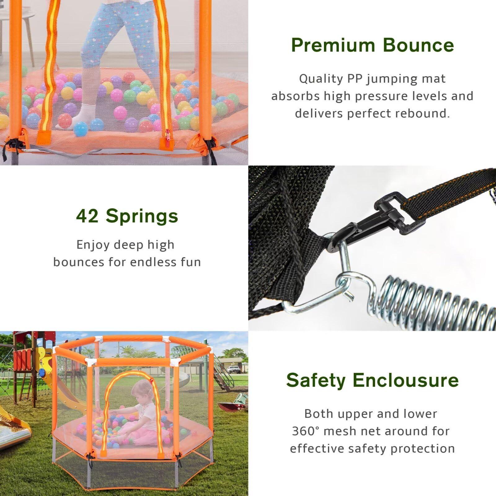 Merax Merax 55" Mini Trampoline for Kids, 4.5FT Indoor Outdoor Toddler Trampoline with Safety Enclosure Net and Pit Balls Baby Small Trampolines Birthday Gifts for Girl and Boy Age 3 Months and up, Orange