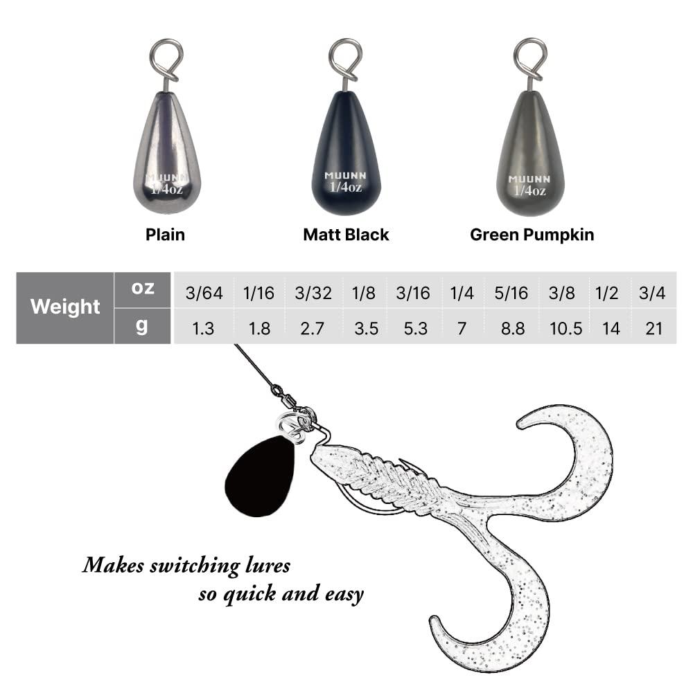 MUUNN MUUNN Tungsten Fastach Teardrop Weight, Tungsten Drop Shot Weights, Fastach Fishing Sinkers Kit for Drop Shot Rig,97% Density Tungsten Fishing Weights-10PackPlain,1/16oz