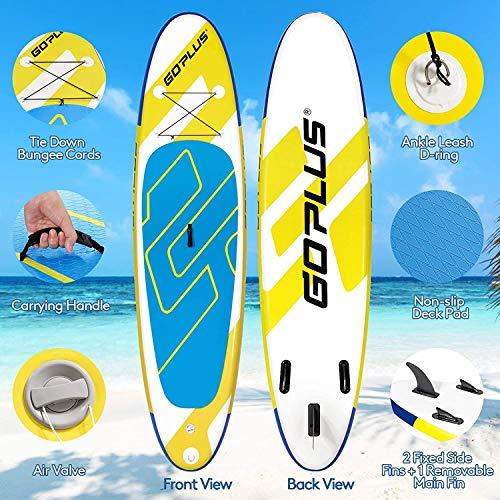 Goplus Goplus Inflatable Stand Up Paddle Board, 11 x 30 x 6 SUP with Accessory Pack, Adjustable Paddle, Carry Bag, Bottom Fin, Hand Pump, Non-Slip Deck, Leash, Repair Kit (Yellow+Blue, 11FT)