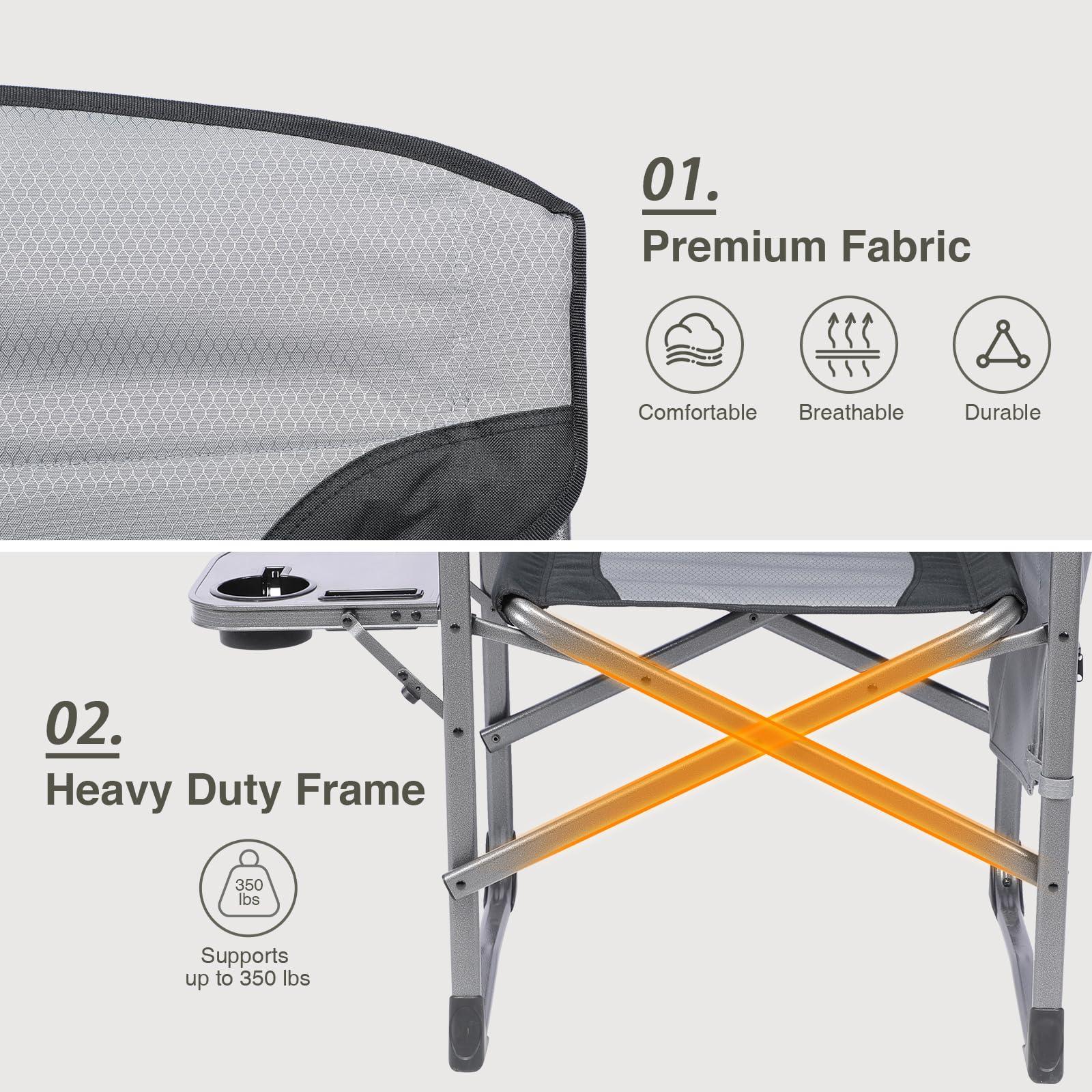EVER ADVANCED EVER ADVANCED Lightweight Oversized Folding Camping Chairs Outdoor, Aluminum Directors Chair with Side Table and Storage Pouch, Heavy Duty Supports 350LBS (Grey/Black)