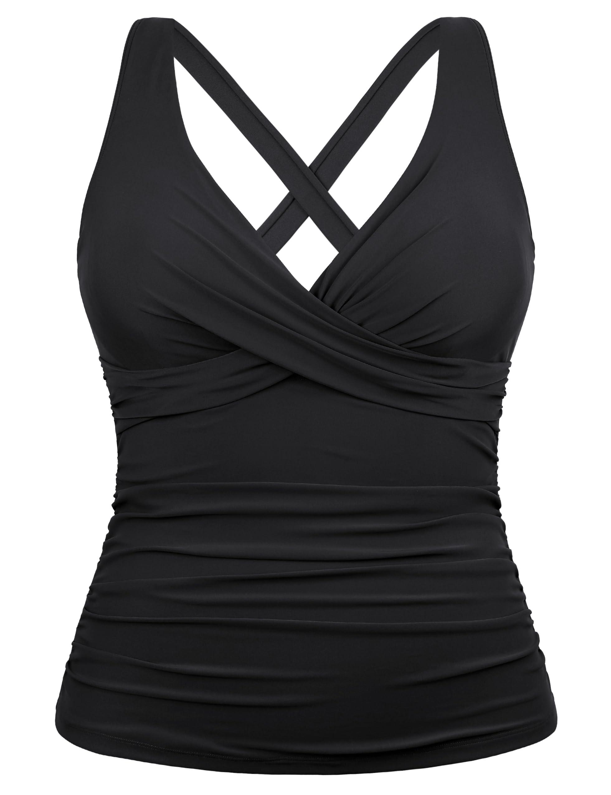 Hilor Hilor Underwire Tankini Bathing Suits for Women Top Only Sexy Black V Neck Swim Top Ruched Tummy Control Swimsuits 16