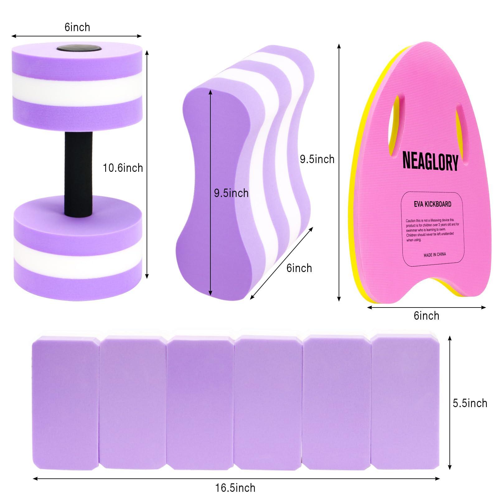 NEAGLORY NEAGLORY 5 Pieces Water Aerobics Set Aquatic Exercise Set Pool Fitness Equipment Foam Water Dumbbell, Swim Kickboard, Pull Buoy, Aquatic Swim Belt for Water Exercise, Purple