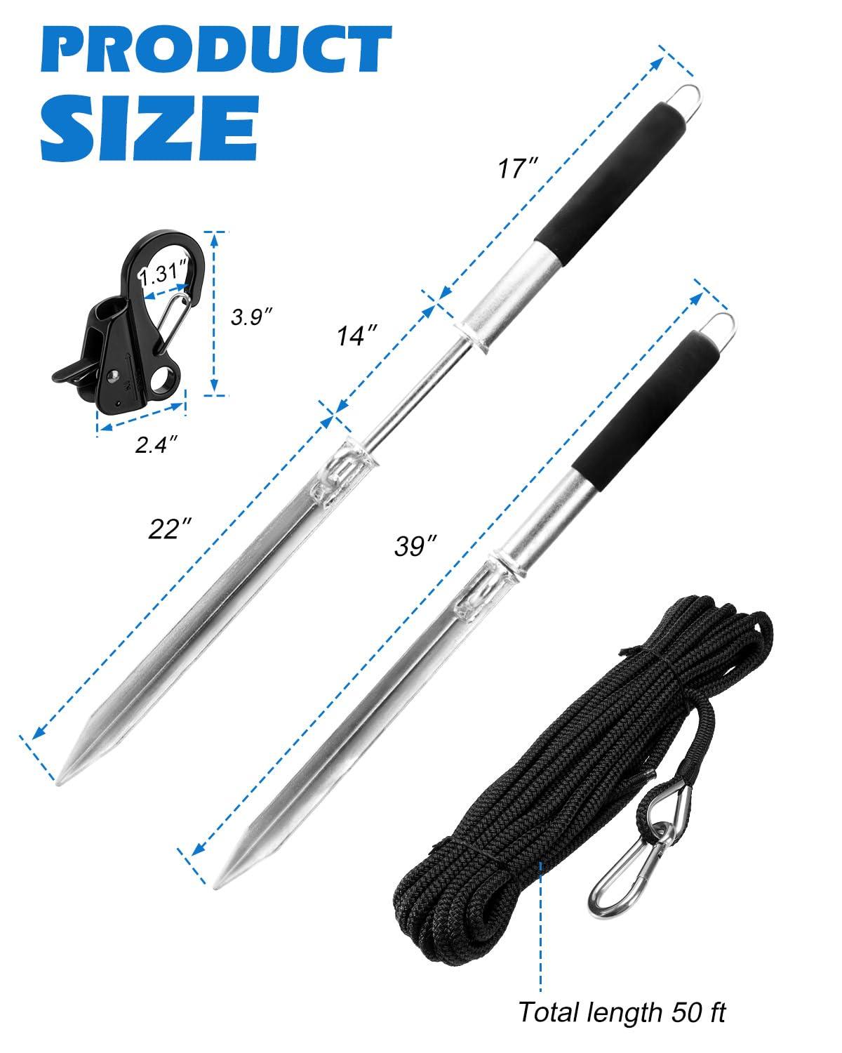 Venussar Venussar 39\'\' Sand Spike Boat Anchor Pole, with Stainless Steel Boat Anchor Hook and Boat Anchor Line 50ft, for Shallow Water Shore, Beach, Sandbar