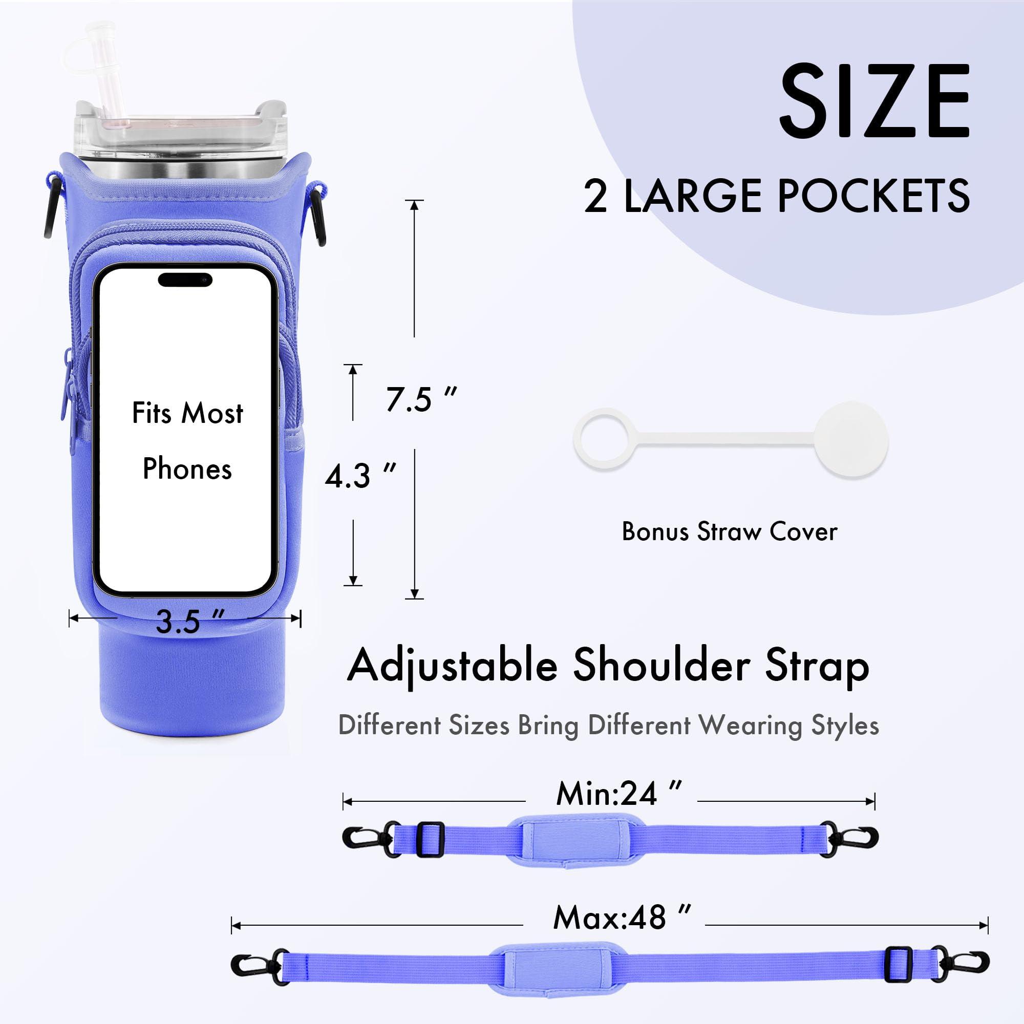 JEBEALUO JEBEALUO Water Bottle Carrier Bag with Phone Pocket for Stanley Cup 40/30 oz, Water Bottle Holder with Adjustable Strap& Straw Cover, Stanley Cup Accessories (Violet)