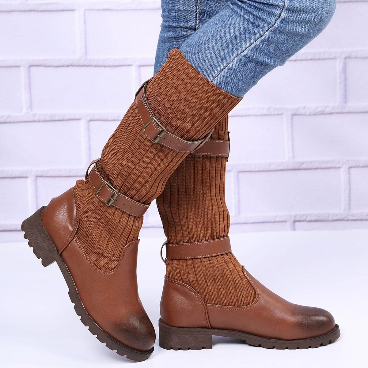 ZBYY ZBYY Women's Knee Boots Chunky Low Heels Thigh High Boots Long Stretch Fall Knitted Winter Dress Boots Fashion Mid Calf Booties
