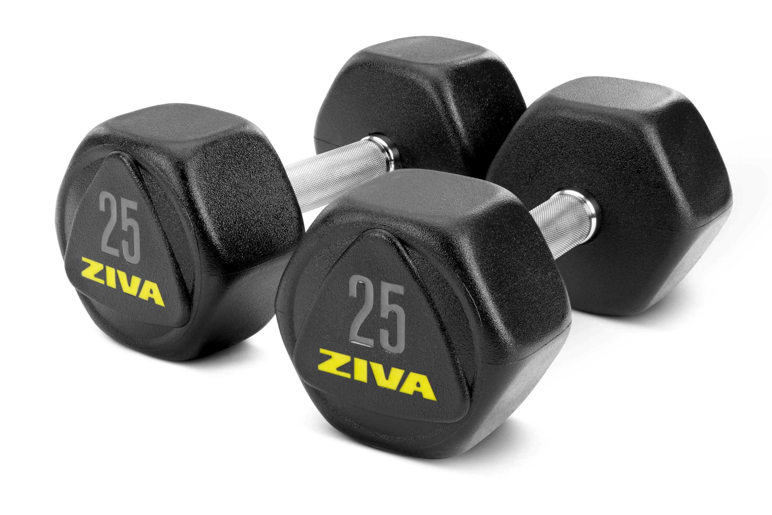 ZIVA ZIVA Performance RPU Hex Dumbbells Solid Steel Core, Premium Urethane Rubber Encasing, Corrosion Resistant - Commercial Grade for Rigorous Exercise, Strength Training - Pair of Two Dumbbell, 25 lb.