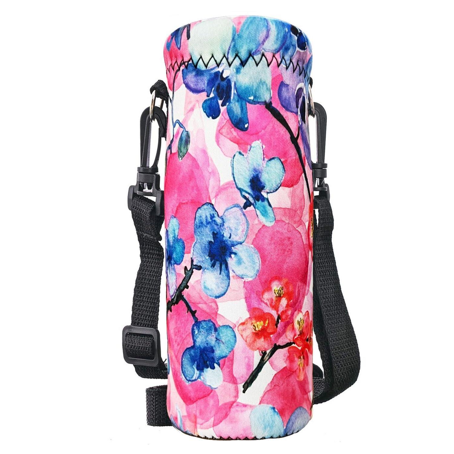RICHEN RICHEN Neoprene Water Bottle Carrier Bag with Adjustable Shoulder Strap,Insulated Water Bottle Cover for 750ml/24oz Stainless Steel/Glass/Plastic Bottles (Watercolor Flowers,750ml)