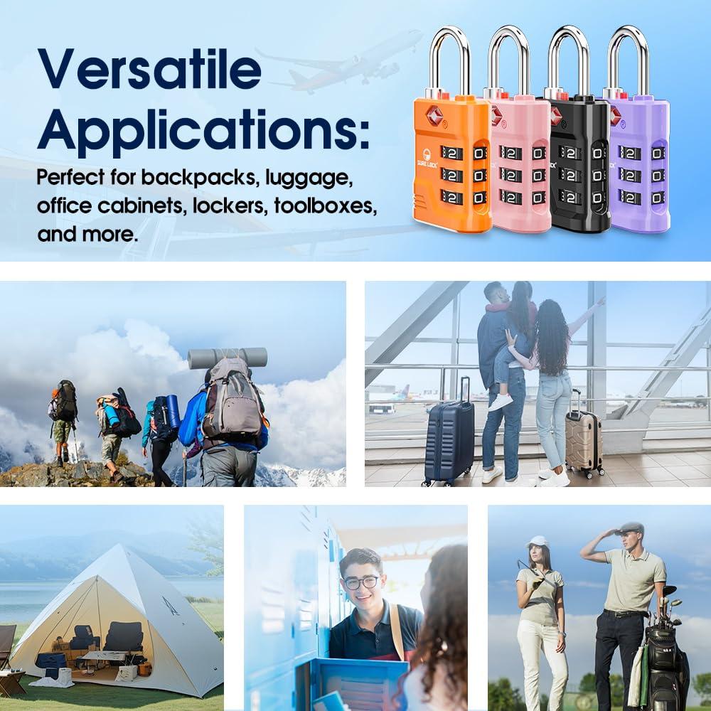 SURE LOCK SURE LOCK TSA Locks for Luggage, TSA Approved Luggage Locks with Open Alert, TSA008 Key for High Security, Easy Read Dials, Zinc Alloy Body, Locker Lock for Suitcase, Gym, Travel(Black 6 pk)