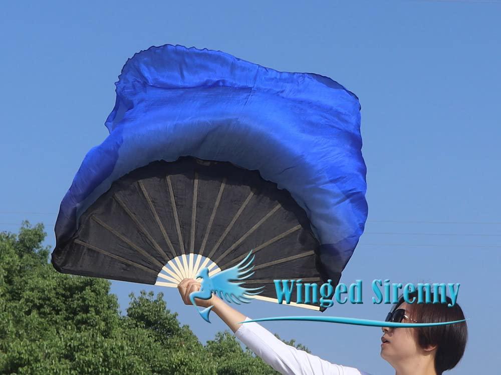 Winged Sirenny Winged Sirenny Large Single Belly Dance Silk Flutter, 45in Wide Short Silk Fan Veil Right Hand(black&blue)