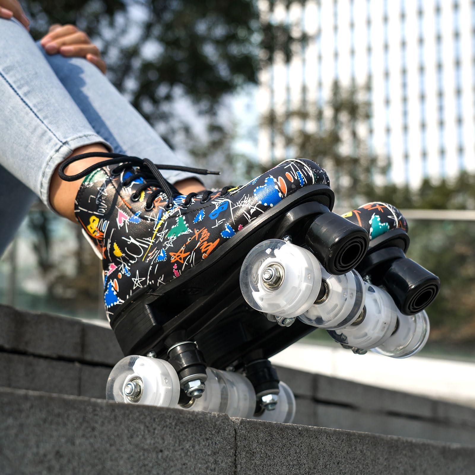 ugboiu Ugboiu Roller Skates for Men and Women, Black Derby Roller Skates with 4 Shiny Wheel, Classic Double-Row Roller Skates for Indoor and Outdoor