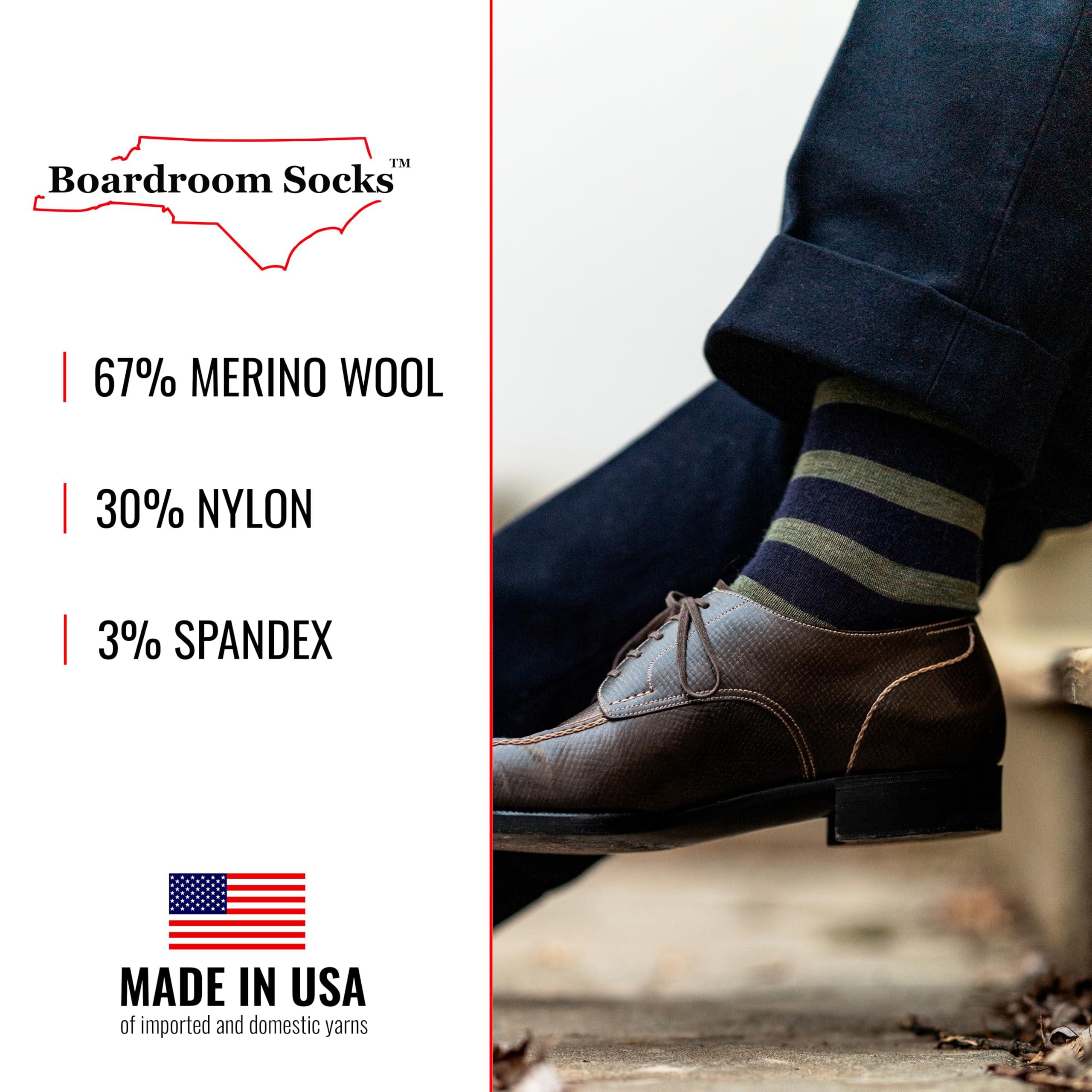 BoardroomSocks BoardroomSocks Merino Wool Mid-Calf Patterned Socks, Dress Socks for Men, Navy with Olive Stripes
