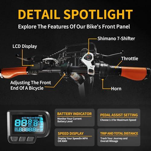 KORNORGE KORNORGE Electric Bike for Adults, 20" Ultra Light Foldable Electric Bike, 20MPH, 7-Speed and Dual Shock Absorber with Rear Seat Cushion, Electric Cruiser Bike with Basket for Female Male