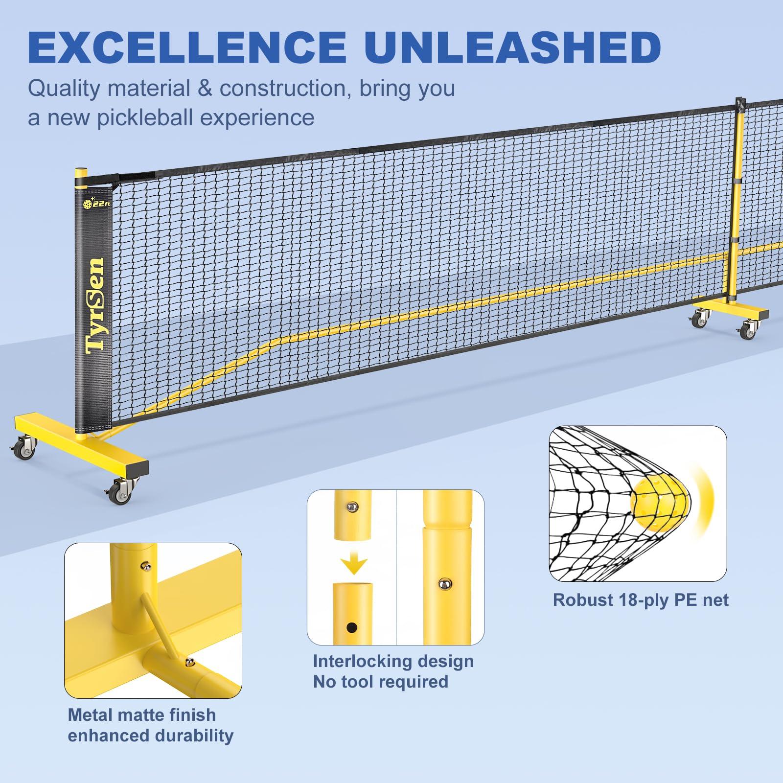 TYRSEN TYRSEN Pickleball Net Set - Pickleball Net on Wheels for Driveway Backyard, 22FT Regular Size, 4 Fiberglass Paddles & 6 Balls, 12 Court Markers, Portable Pickle Ball System with Carry Bag