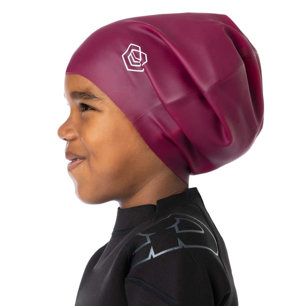 SOUL CAP SOUL CAP JR - Large Swimming Cap for Children - Designed for Long Hair, Dreadlocks, Weaves, Hair Extensions, Braids, Curls & Afros - Silicone (Large, Burgundy)