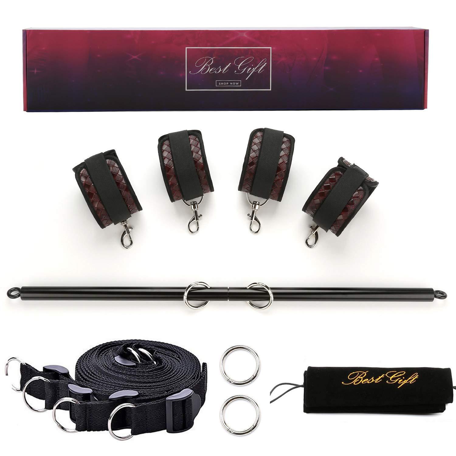EXREIZST EXREIZST Black Expandable Spreader Bar with 4 Brown Adjustable Leather Straps Set Sports Aid Training Kit (Black and Brown)