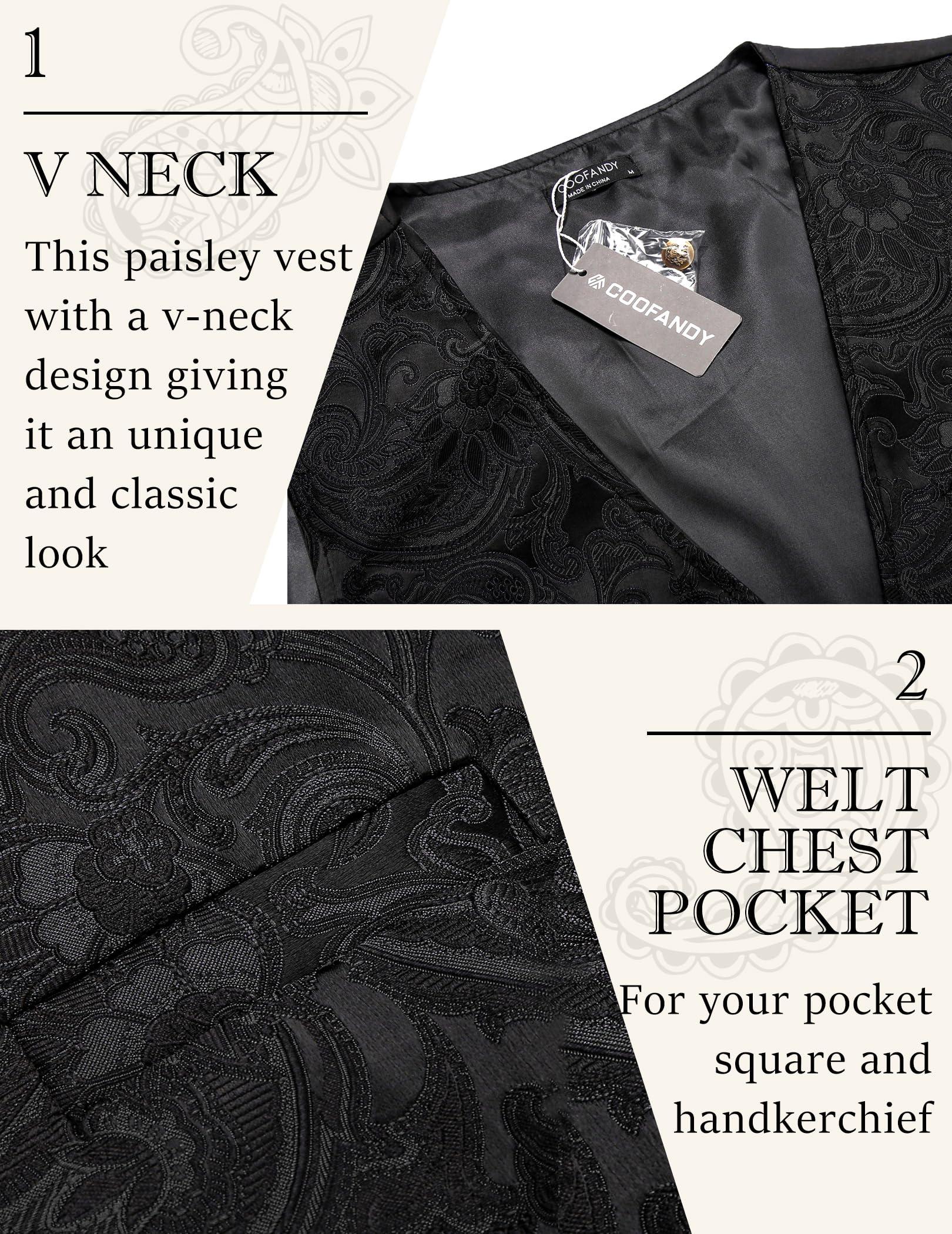 COOFANDY COOFANDY Black Dress Vest for Men Paisley Jacquard V-Neck Suit Vests Victorian Tuxedo Waistcoat Vests, Black, XXL