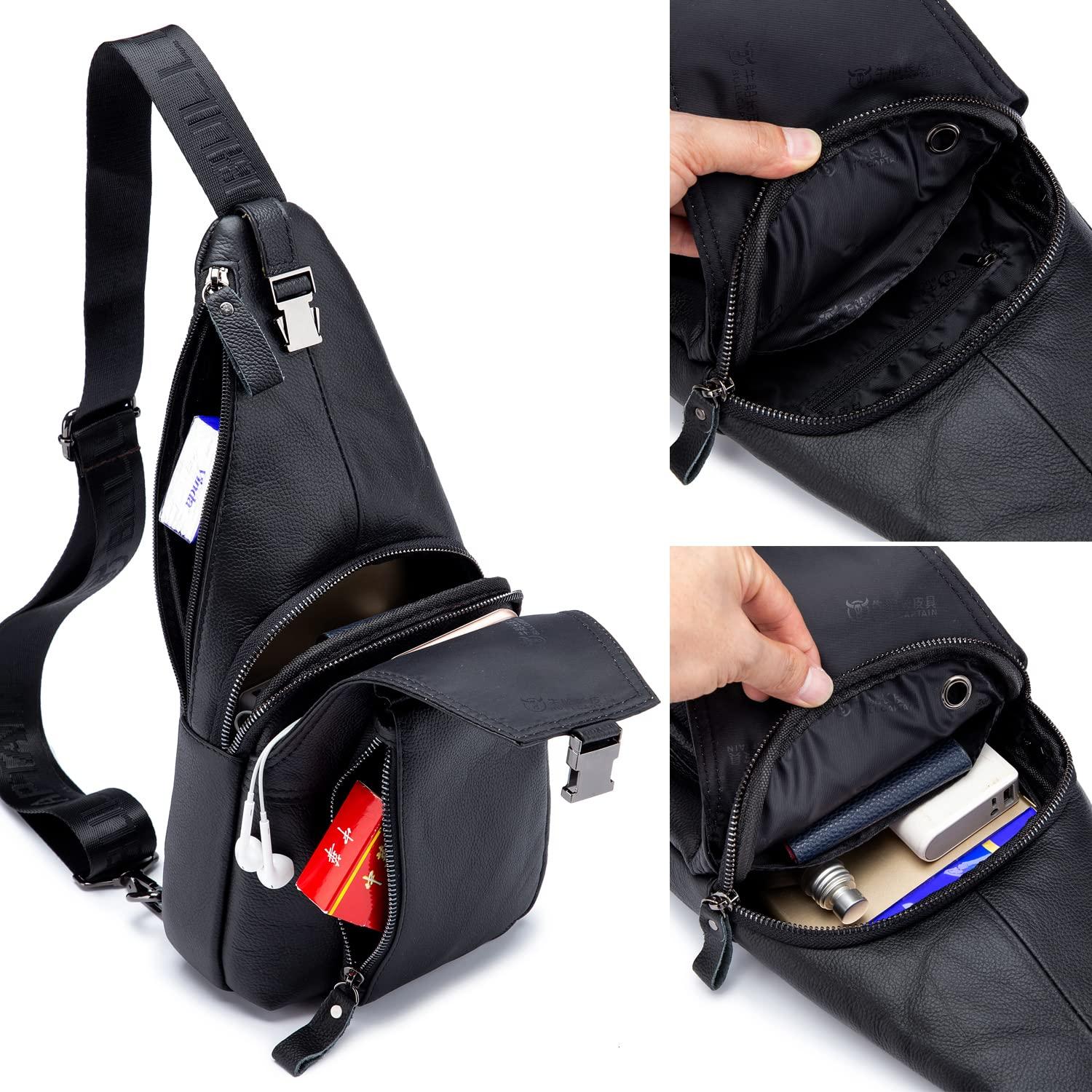 Hebetag Hebetag Leather Sling Crossbody Bag Casual Daypack for Men Women Outdoor Travel Hiking Camping Fishing Shoulder Chest Pack Day Pack, Black
