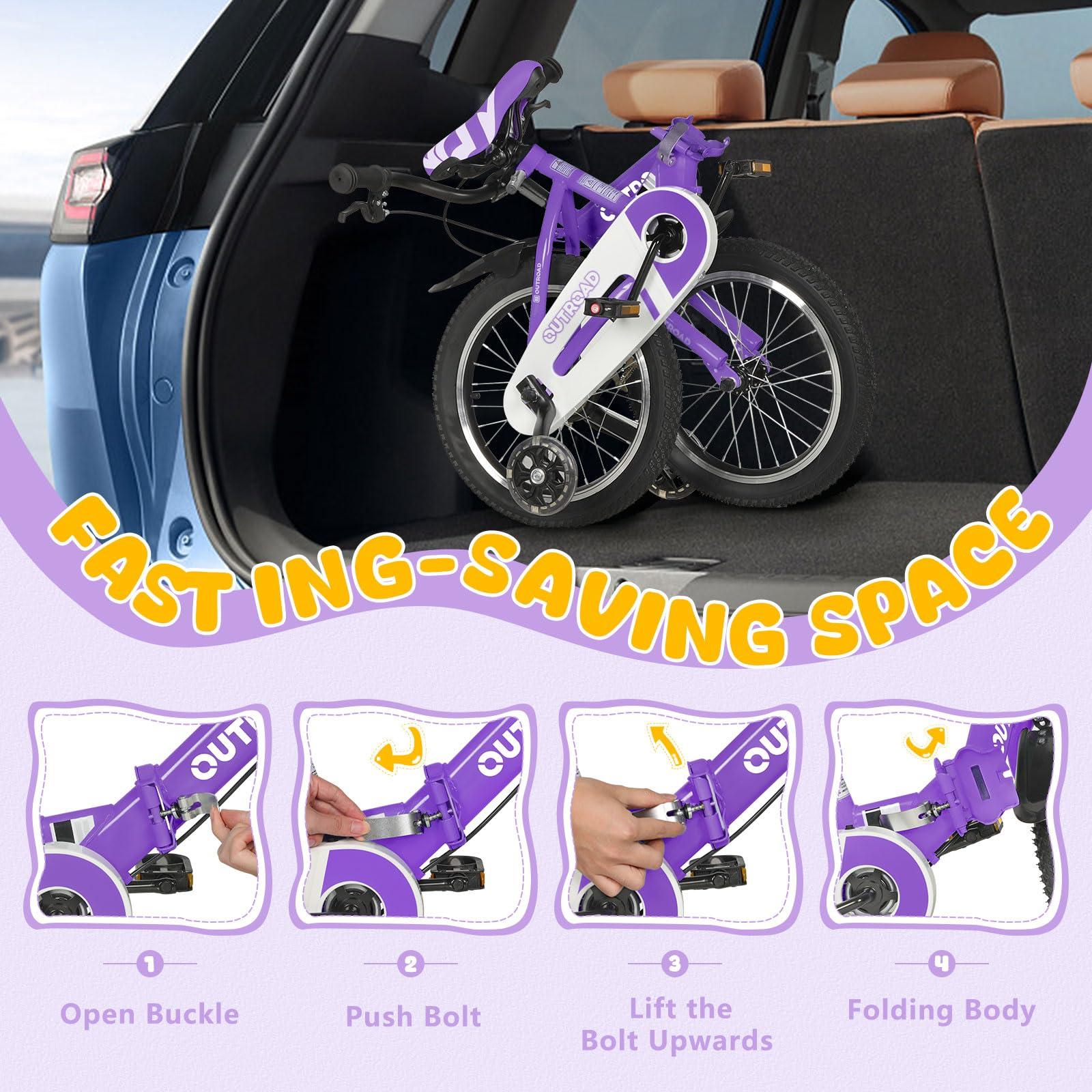 Betterland Betterland Folding Kids Bike,16 Inch Children Bicycle with Training Wheels and Dual Handbrakes Toddler Sport Bicycle for 3-9 Years Old Boys and Girls(Purple)