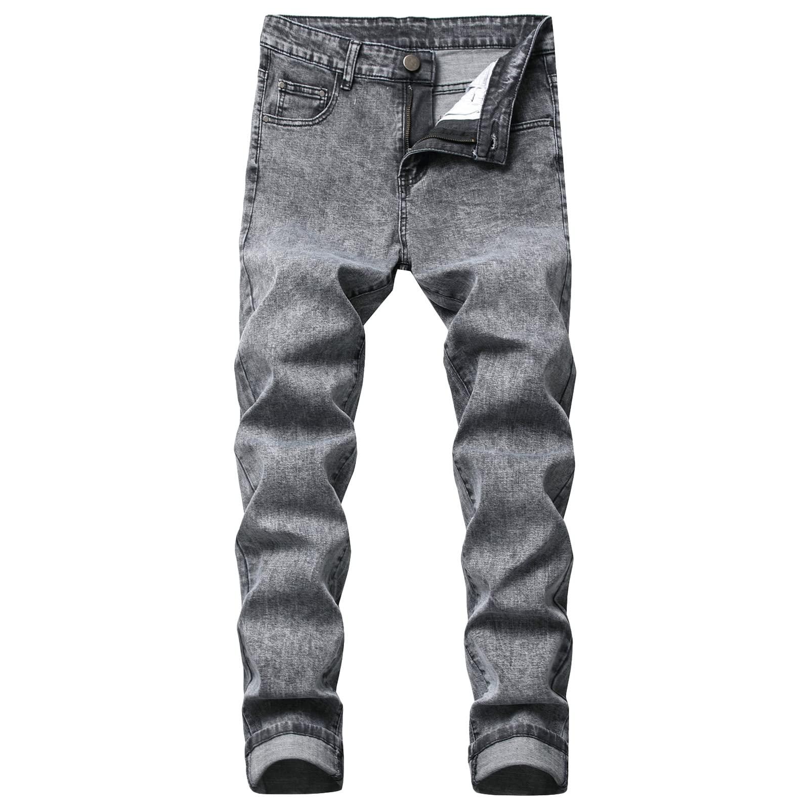 JEsilunmaMY Men's Stretch Straight Leg Jeans Mid Waist Slim Fit Washed Denim Pants Vintage Distressed Skinny Jean Trousers (Grey,32)