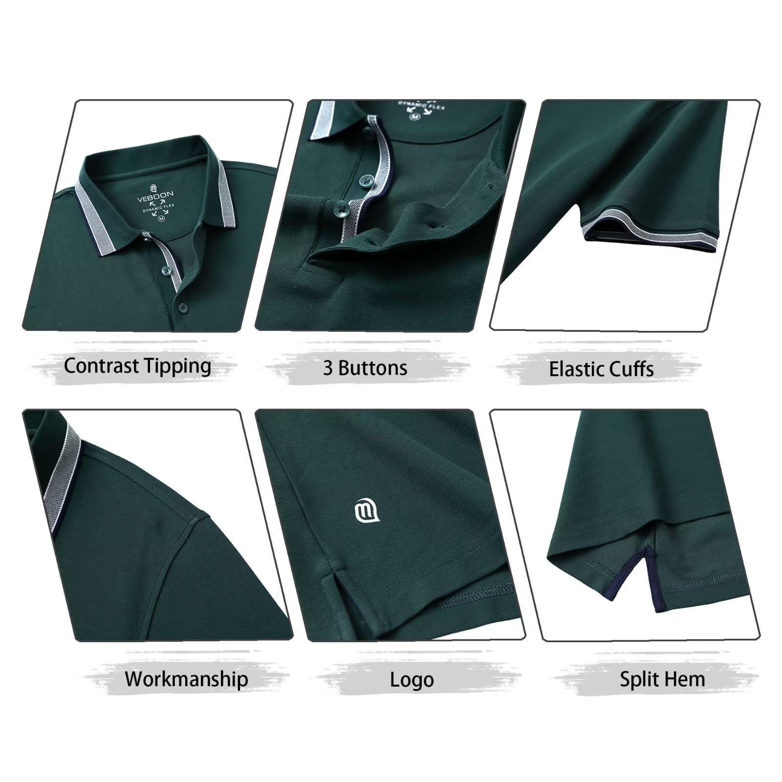 VEBOON Mens Short Sleeve Polo Shirts Summer Breathable Dry Fit Performance Moisture Wicking Collared Polo Shirts Dark Green