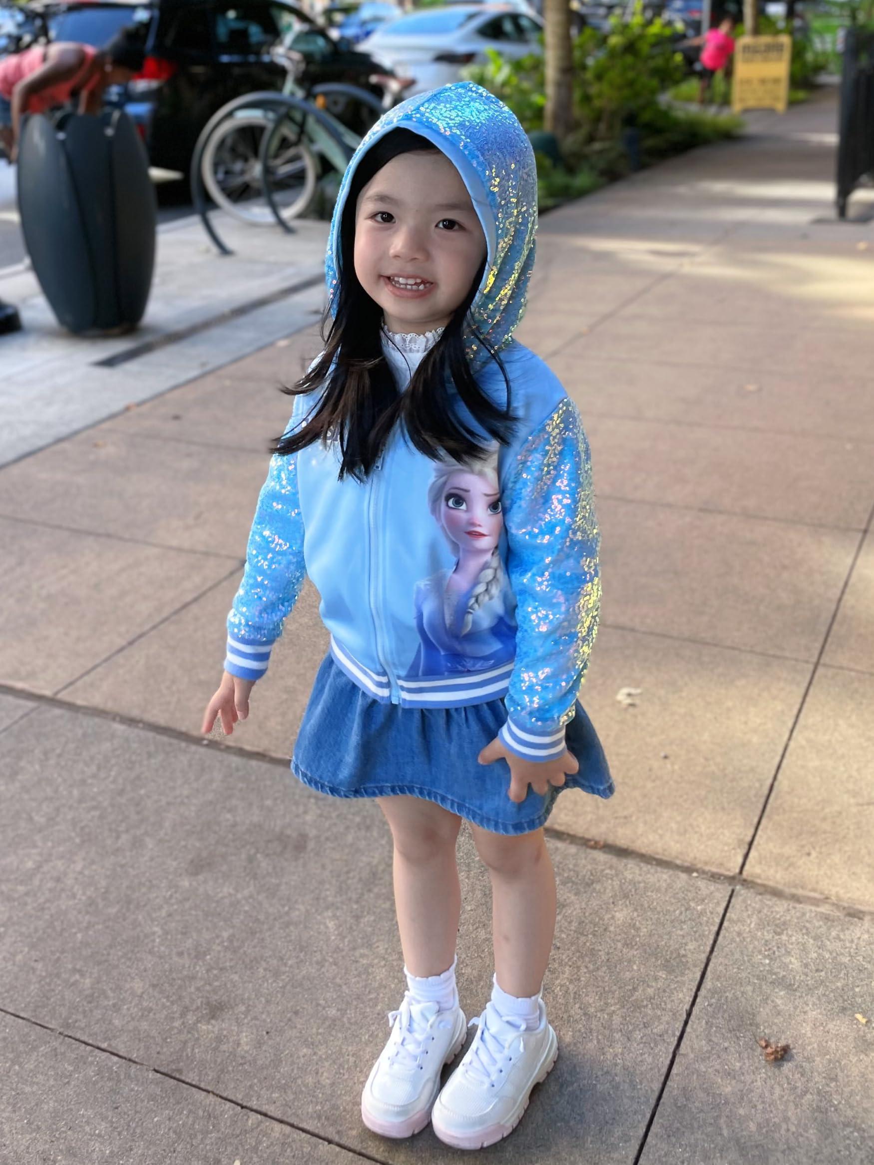 Disney Disney Frozen Elsa Toddler Girl Jacket Blue Sequin Snowflake Print Kids Zipper Hoodie Sweatshirt Coat Birthday Party School Christmas Clothes 5-6Y