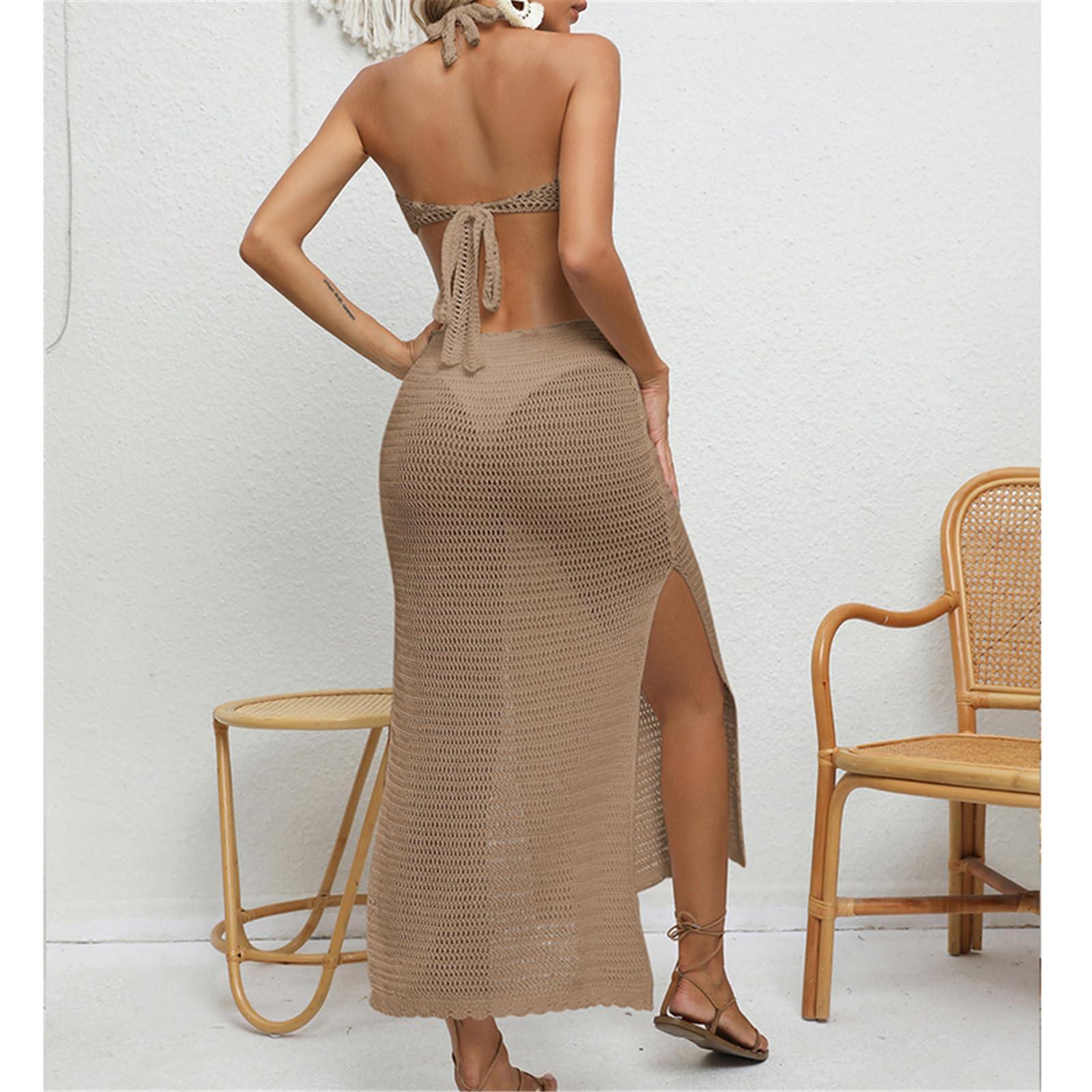 ZHENZQ ZHENZQ Womens Sexy Swimsuit Cover Hollow-Out Crochet Coverups V-Neck Bathing Suit Shirt Lace Up Bikinis Dress