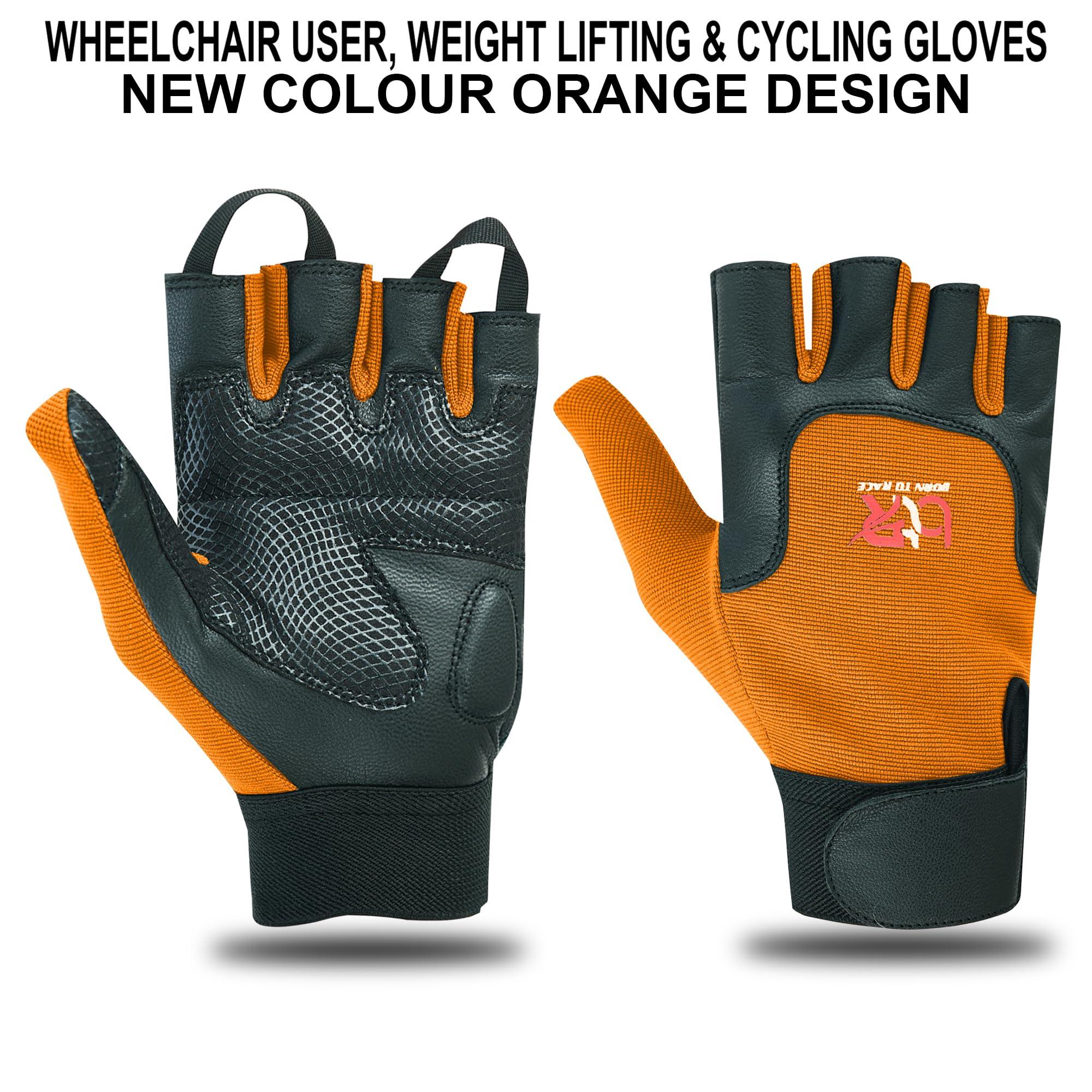 BTR BORN TO RACE BTR BORN TO RACE Wheelchair User Gloves Mobility Disability Fingerless Long Thumb Leather Palm for Men and Women Workout Weight Lifting, Cycling, Driving Gloves New Camo Design Unisex (L, Orange)