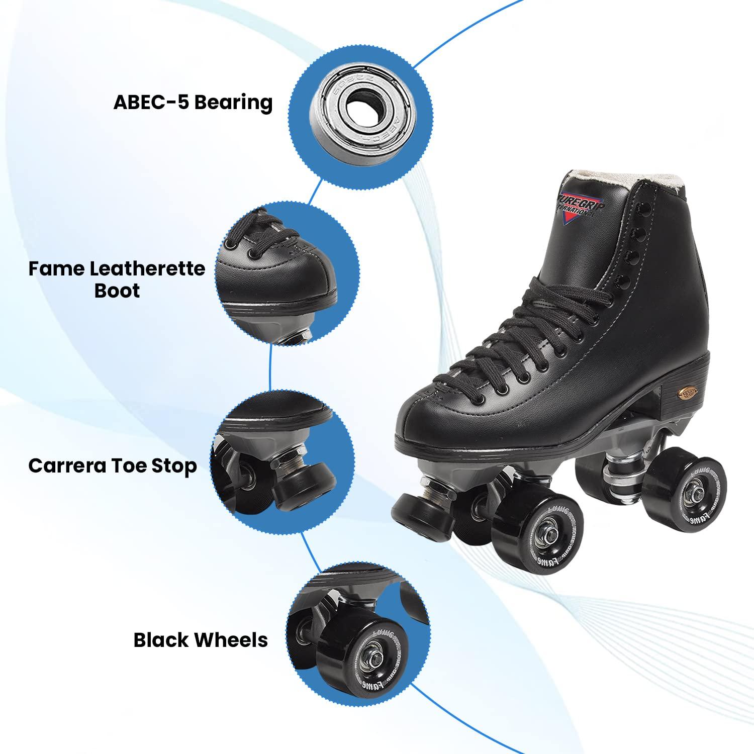 Sure-Grip Sure Grip Fame Men & Women Premium Roller Skates Black Leatherette | Stylish Skates for Indoors - Double Structure, Stronger Grip, Extra Long Laces - Suitable for Beginners