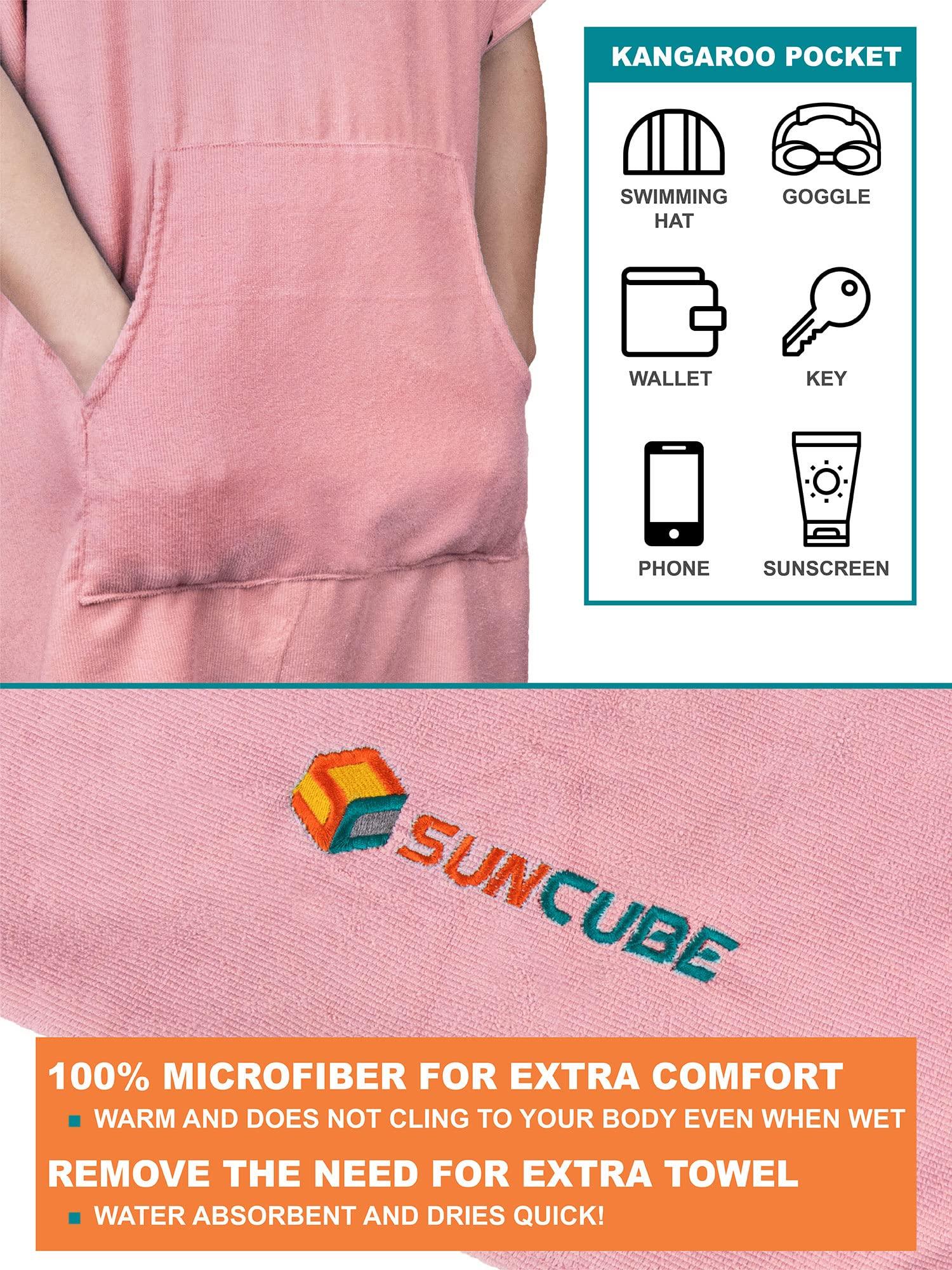 SUNCUBE SUN CUBE Surf Poncho Changing Robe with Hood, Thick Quick Dry Microfiber Wetsuit Changing Towel for Surfing Beach Swim Outdoor Sports Women, Absorbent Wearable Towel Cover Up with Pocket, Pink