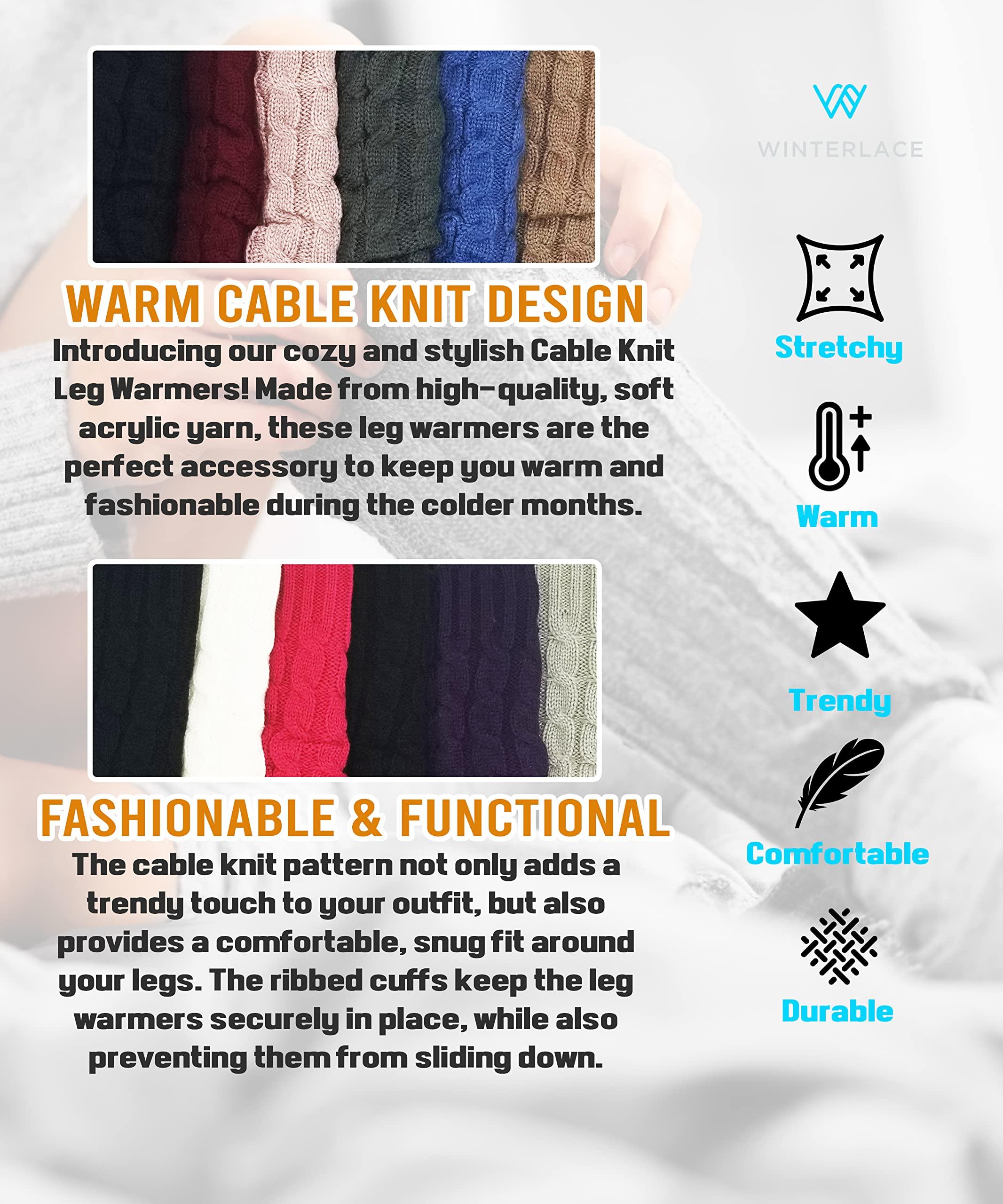 Winterlace Leg Warmers for Women, 6 Pairs Knee High Cable Knit Warm Thermal Acrylic Winter Sleeve