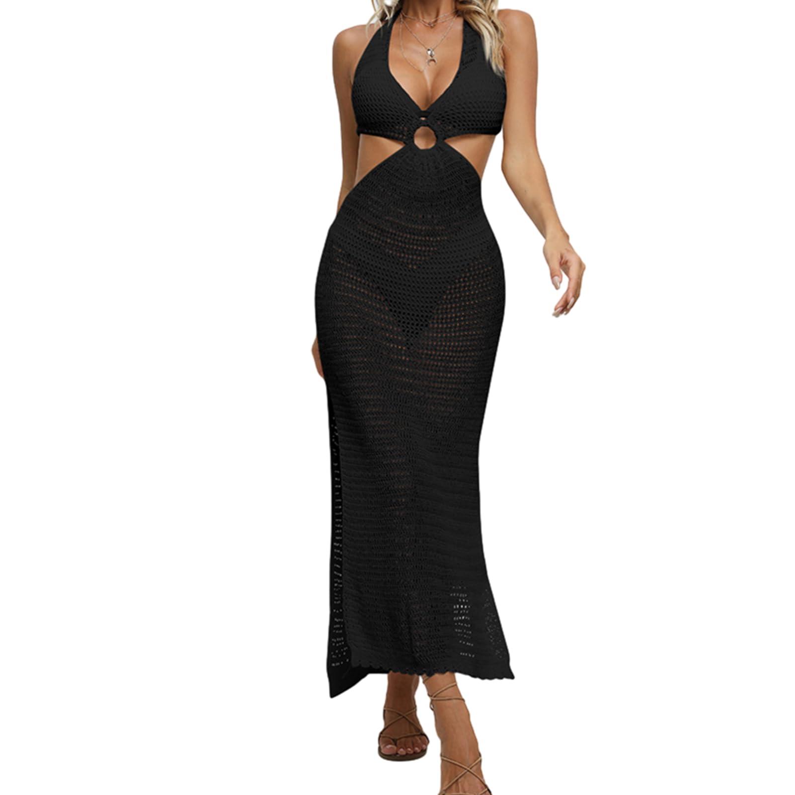 ZHENZQ ZHENZQ Womens Sexy Swimsuit Cover Hollow-Out Crochet Coverups V-Neck Bathing Suit Shirt Lace Up Bikinis Dress