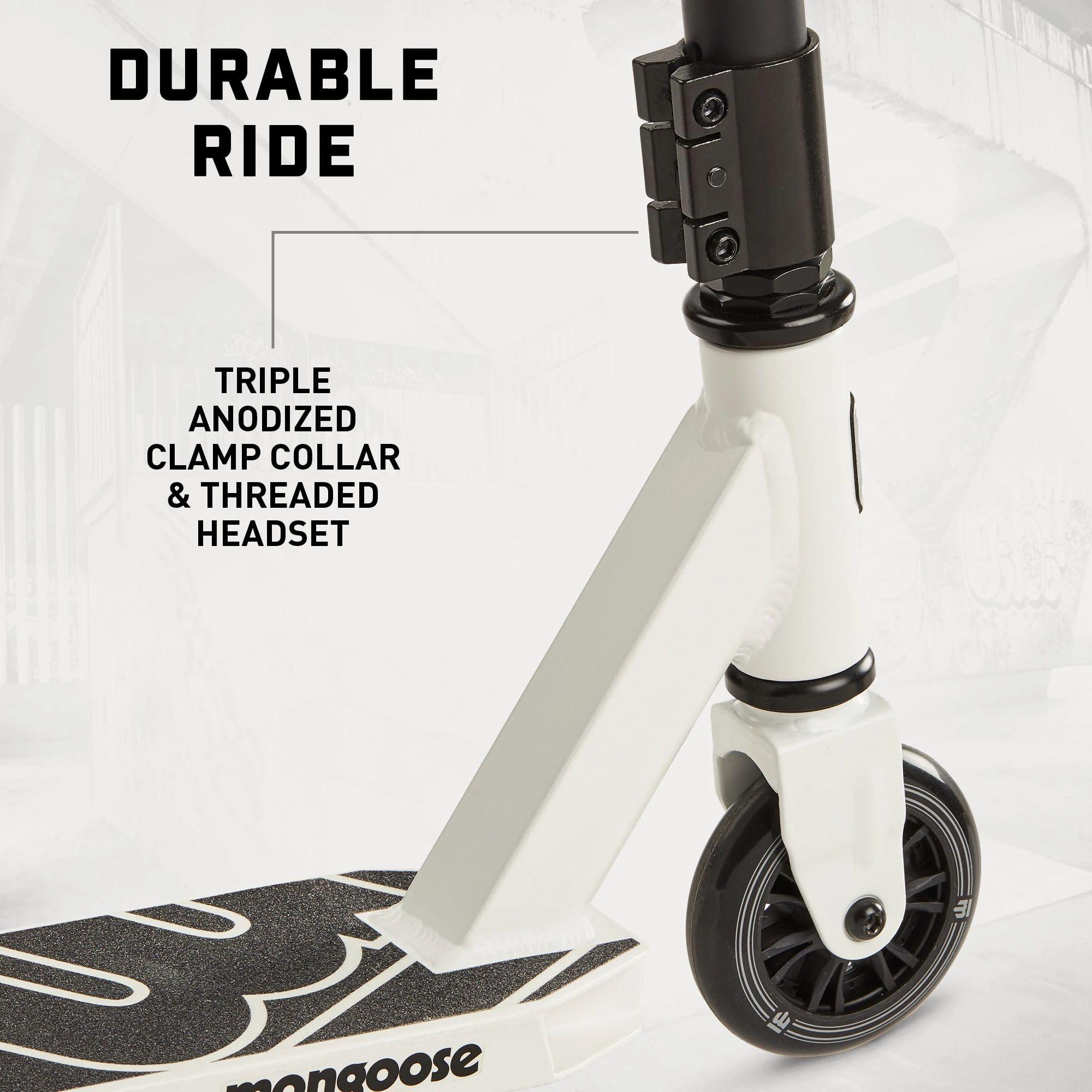 Mongoose Mongoose Rise 100 Freestyle Stunt Trick Scooter, Lightweight Alloy Deck & Heavy-Duty Frame Up to 220 lbs., Bike-Style Grip, High Impact 100mm Wheels, White/Red