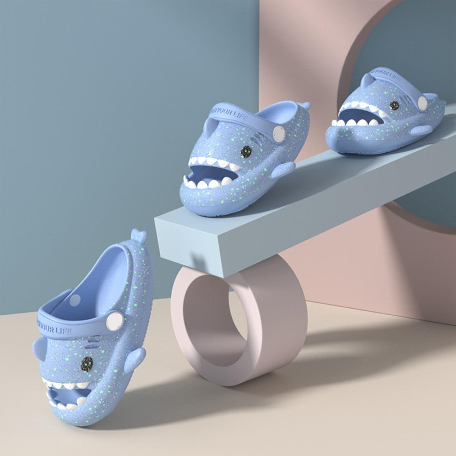 Jfxgjuv Jfxgjuv Angler Fish Slides Glow in The Dark Kids Shark Slides Glow in The Dark Luminous Shark Slippers Cloud Shark Slides with Strap Spooky Shark Slides (Blue,12-12.5 Little Kid)