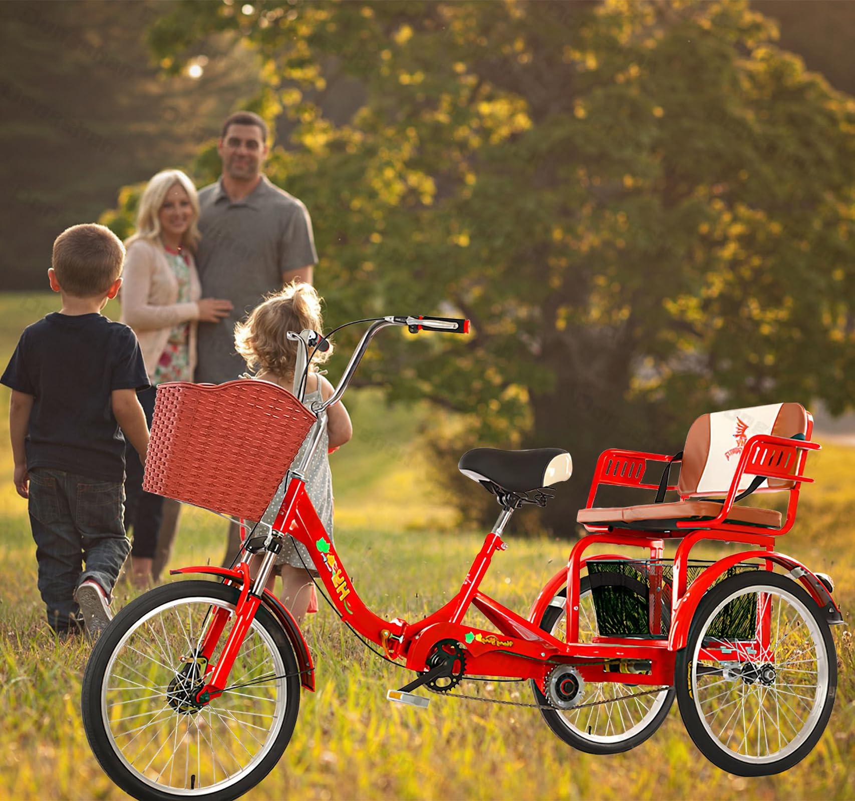 DONGSHAN Adult Tricycle Folding Bicycle Comfortable seat 3 Wheel Bicycle Rear Enlarged Vegetable Basket Double Chain 20inch Shock Absorber Front Fork for Parents and Children Maximum Load 440lbs (Red)