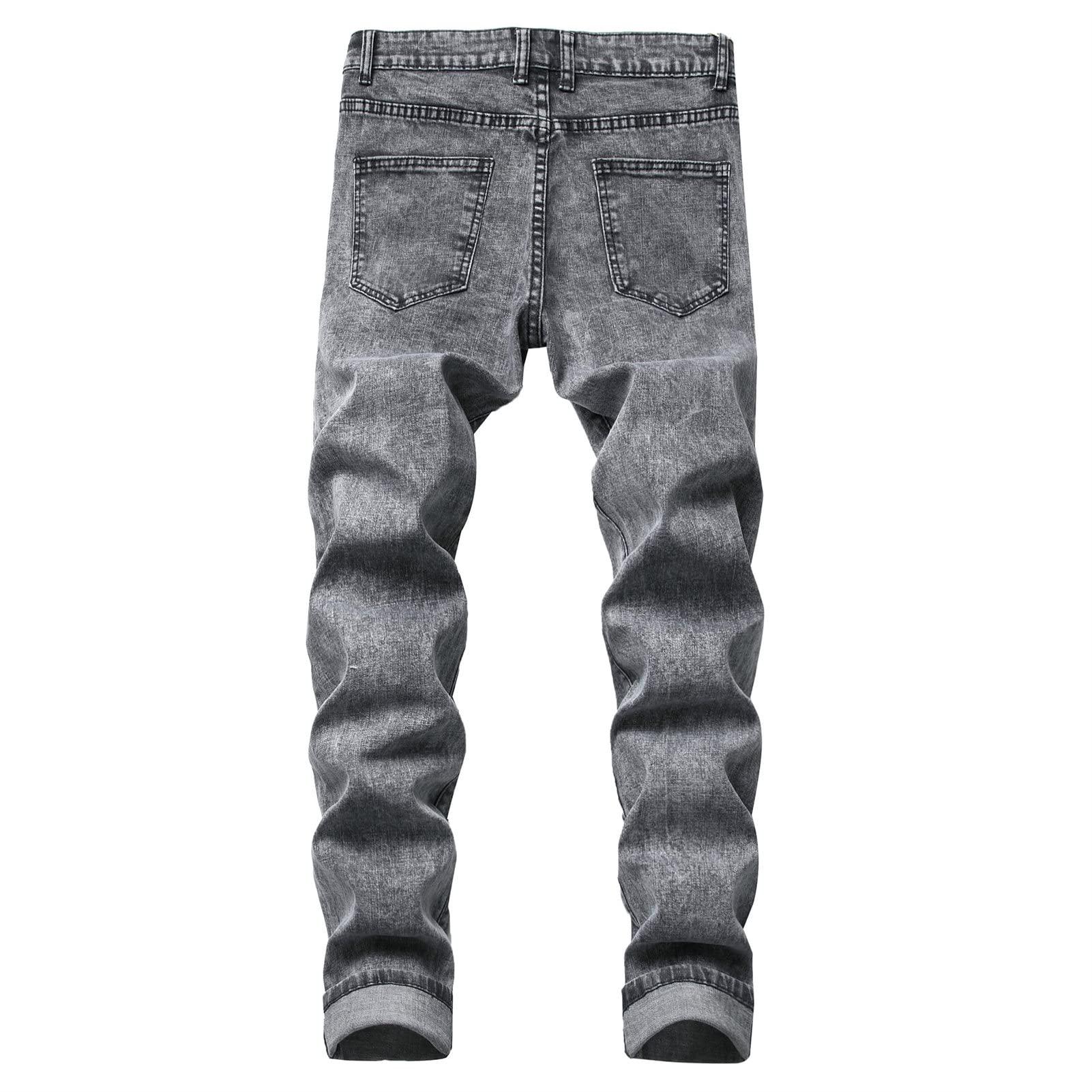 JEsilunmaMY Men's Stretch Straight Leg Jeans Mid Waist Slim Fit Washed Denim Pants Vintage Distressed Skinny Jean Trousers (Grey,32)
