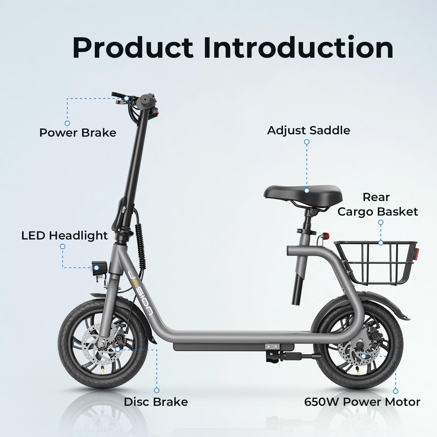 Jasion Jasion Electric Scooter Adults, 650W Peak Motor Electric Scooter with Seat Up to 20MPH, 20 Miles Ranges Foldable E-Scooter for Adults, Sports Scooters for Commuting with Basket(JS3)