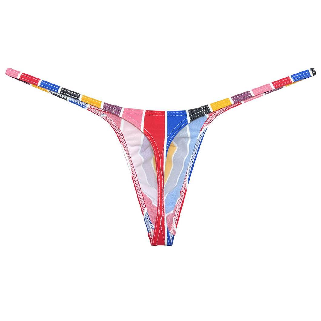 Botmois Men's Micro G-Strings Bikini Underwear Male Slim Pouch Swim Thong Minimal Coverage Posing Tangas Spandex T-back 2-Pack(Big Red Stripe,Scrawl Plaid) M