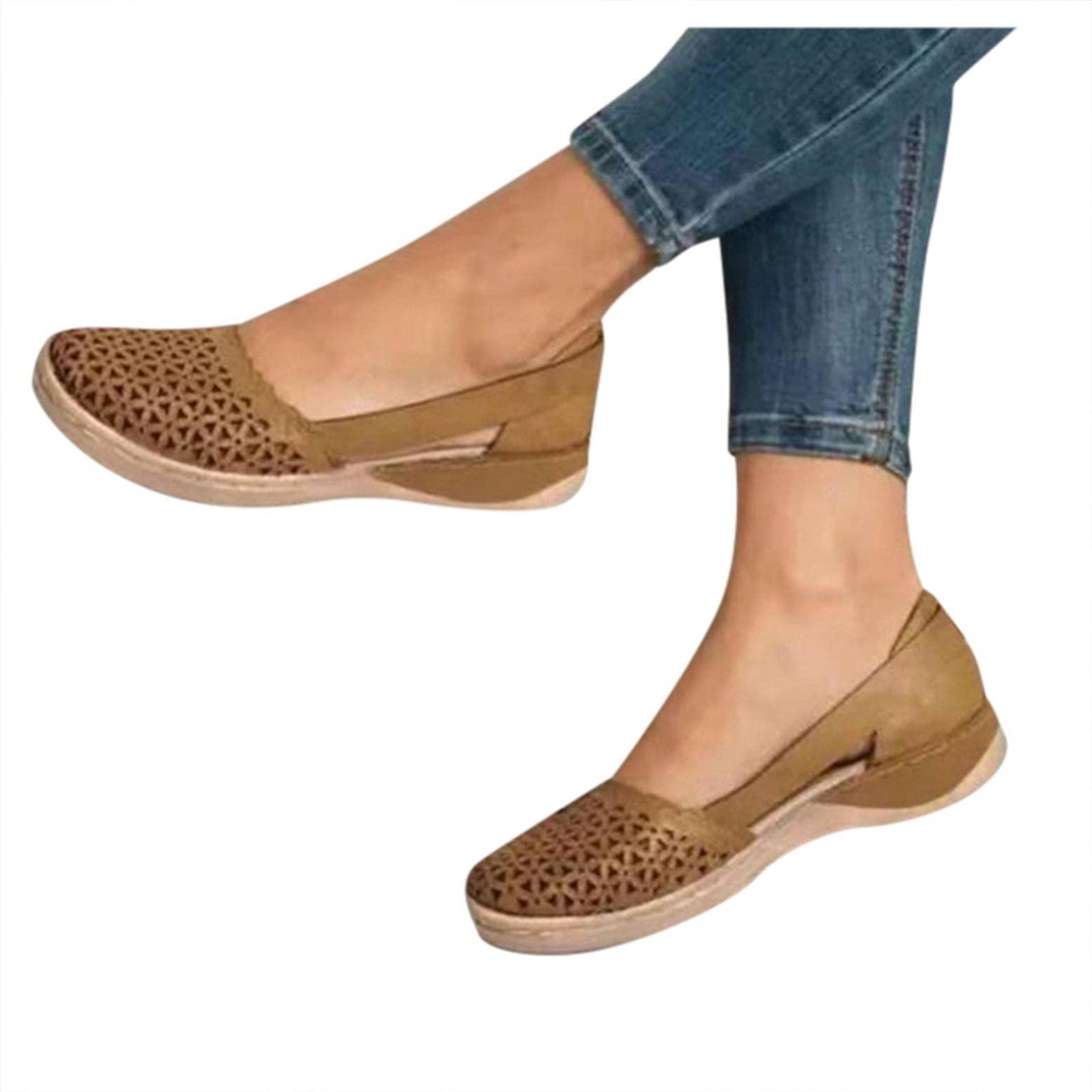 Hbeylia Hbeylia Women's Wedge Ballet Flats Vintage Boho Hollow Out Square Toe Leather Slip On Loafers Soft Comfort Bohemian Platform Walking Shoes Dress Beach Shoes for Women Ladies Travel Brown