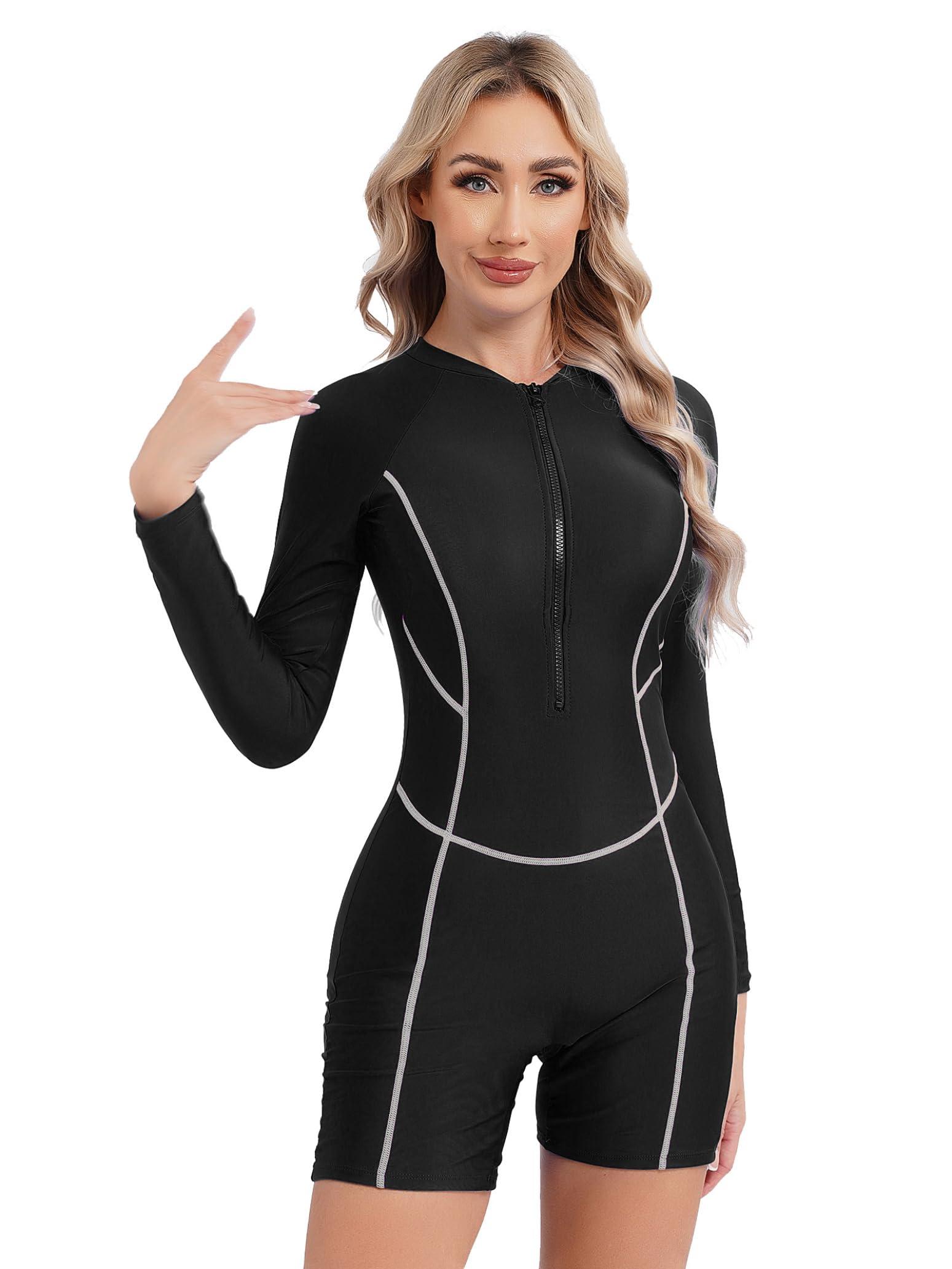Nikiikoo Nikiikoo Womens Surf Rash Guard Swimsuit One Piece Boyleg Swimwear Sun Protection Zipper Long Sleeve Wetsuit G#Black22 Large